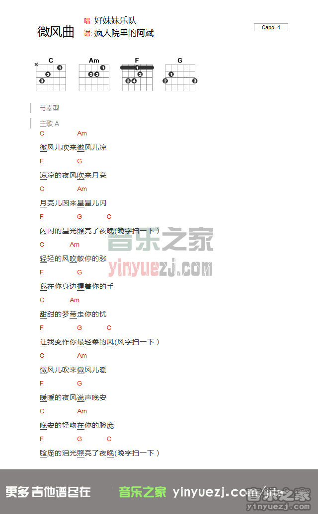 微风曲吉他谱,原版好妹妹乐队歌曲,简单C调弹唱教学,网络转载版六线指弹简谱图