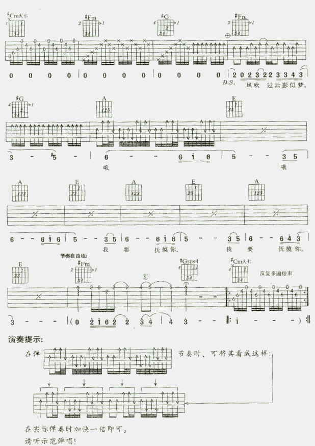 月梦吉他谱,原版唐朝乐队歌曲,简单E调弹唱教学,网络转载版六线指弹简谱图