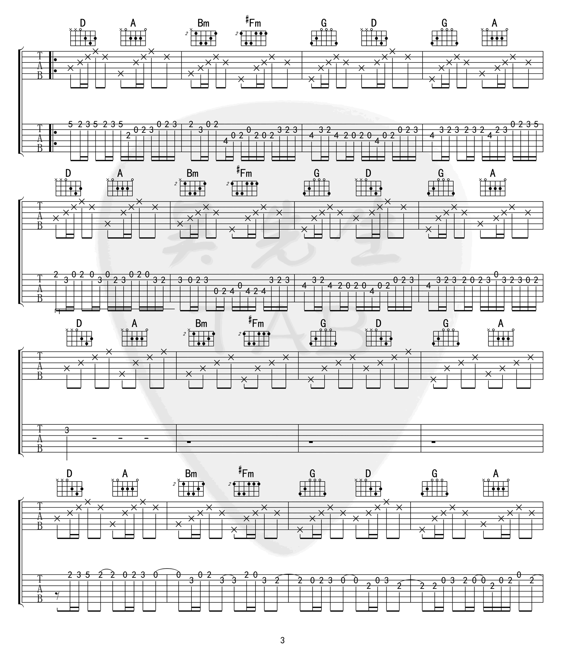 D大调卡农吉他谱,作帕赫贝尔歌曲,简单指弹教学简谱,吴先生六线谱图片