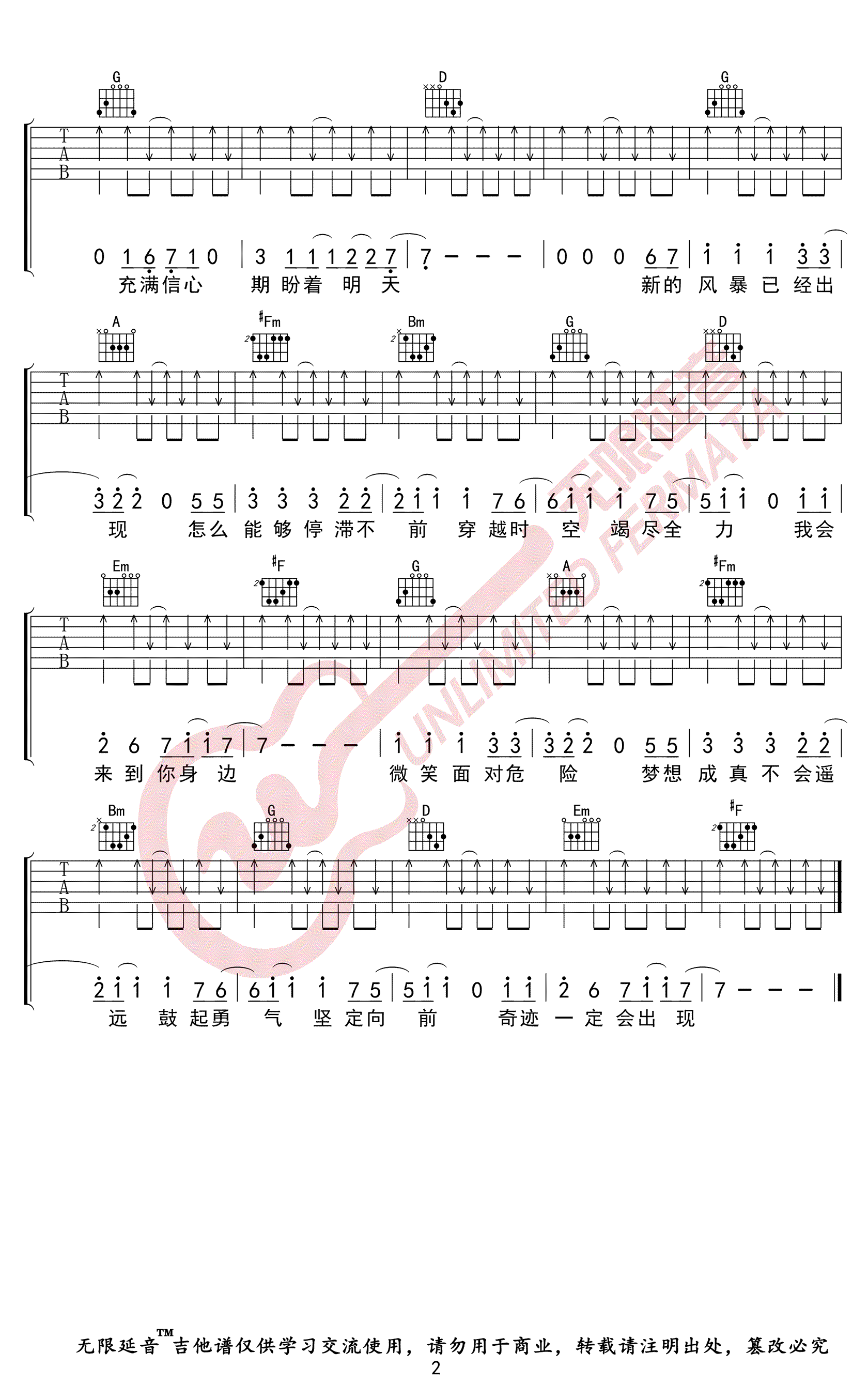 奇迹再现吉他谱,张鹏Be歌曲,G调简单指弹教学简谱,无限延音六线谱图片