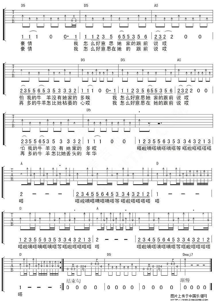 塔吉汗吉他谱,原版马条歌曲,简单D调弹唱教学,彼岸吉他版六线指弹简谱图