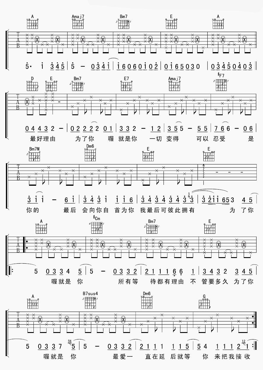 为了认识你吉他谱,原版周笔畅歌曲,简单B调弹唱教学,许榕版六线指弹简谱图