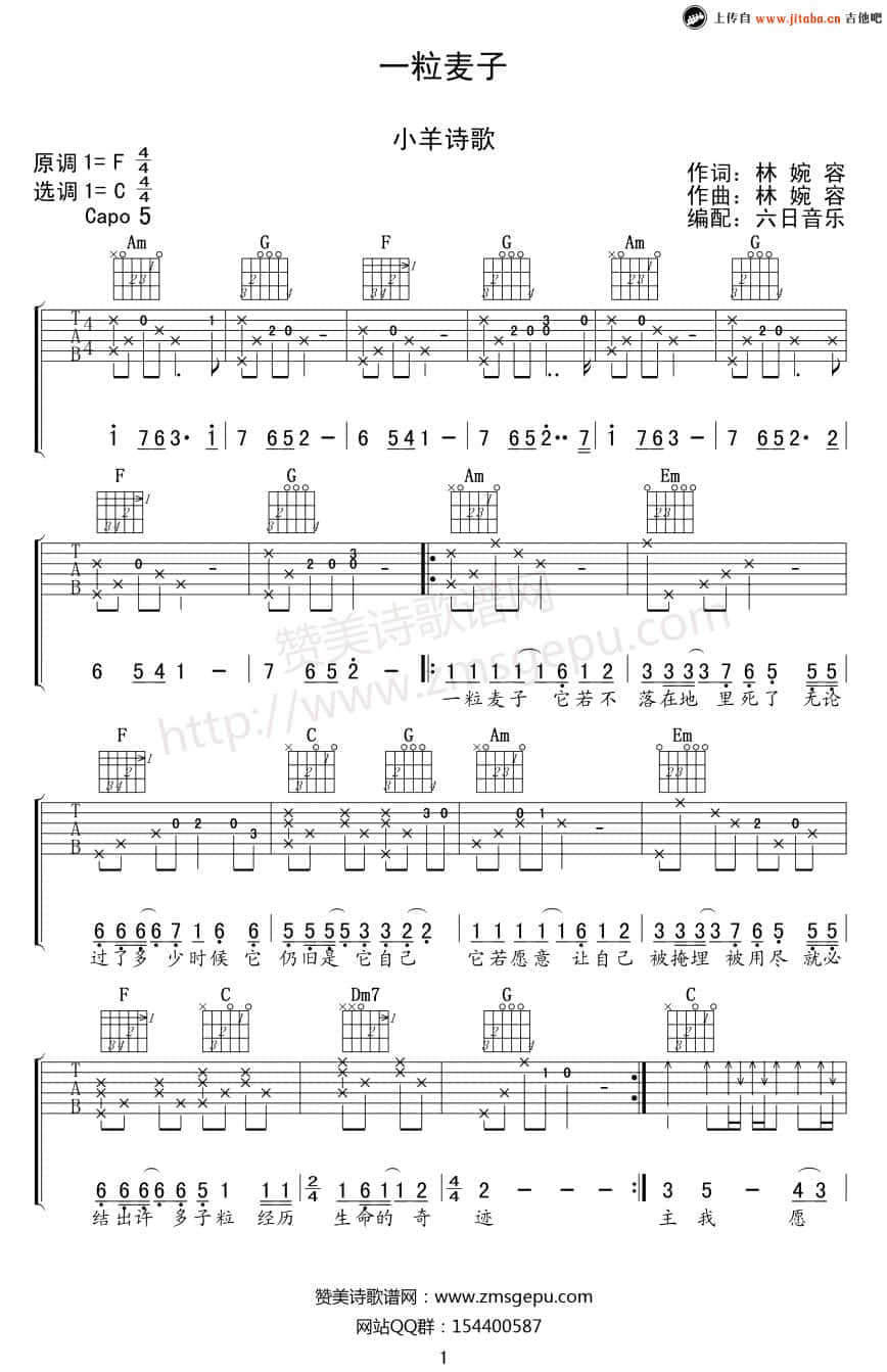 一粒麦子吉他谱,原版小羊诗歌歌曲,简单C调弹唱教学,吉他吧版六线指弹简谱图