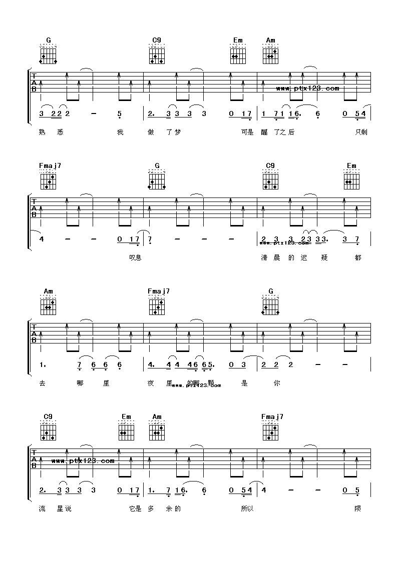 多余的流星吉他谱,原版曾轶可歌曲,简单C调弹唱教学,阿潘音乐工场版六线指弹简谱图