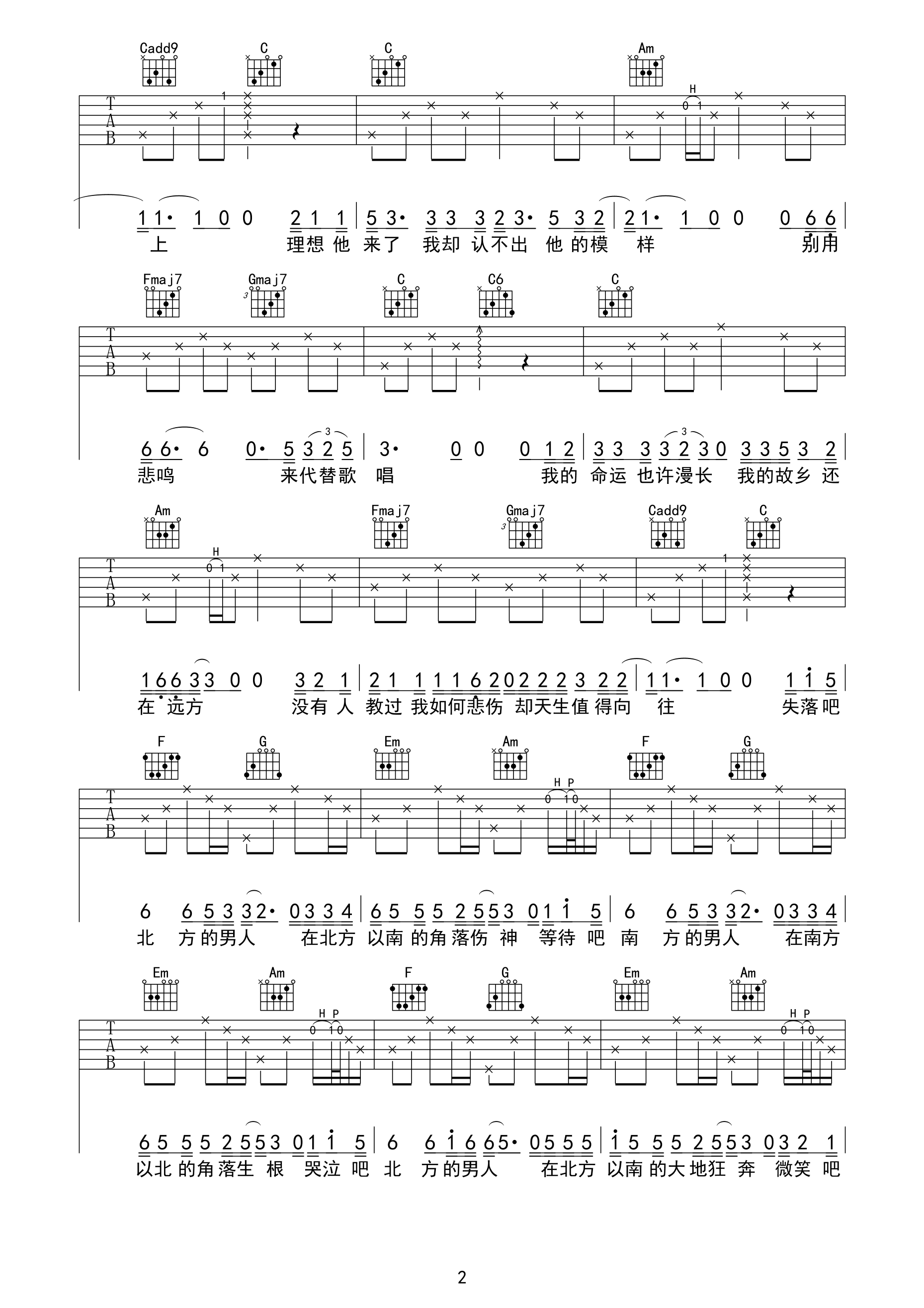 南方北方吉他谱,原版小闯歌曲,简单D调弹唱教学,又又吉他版六线指弹简谱图