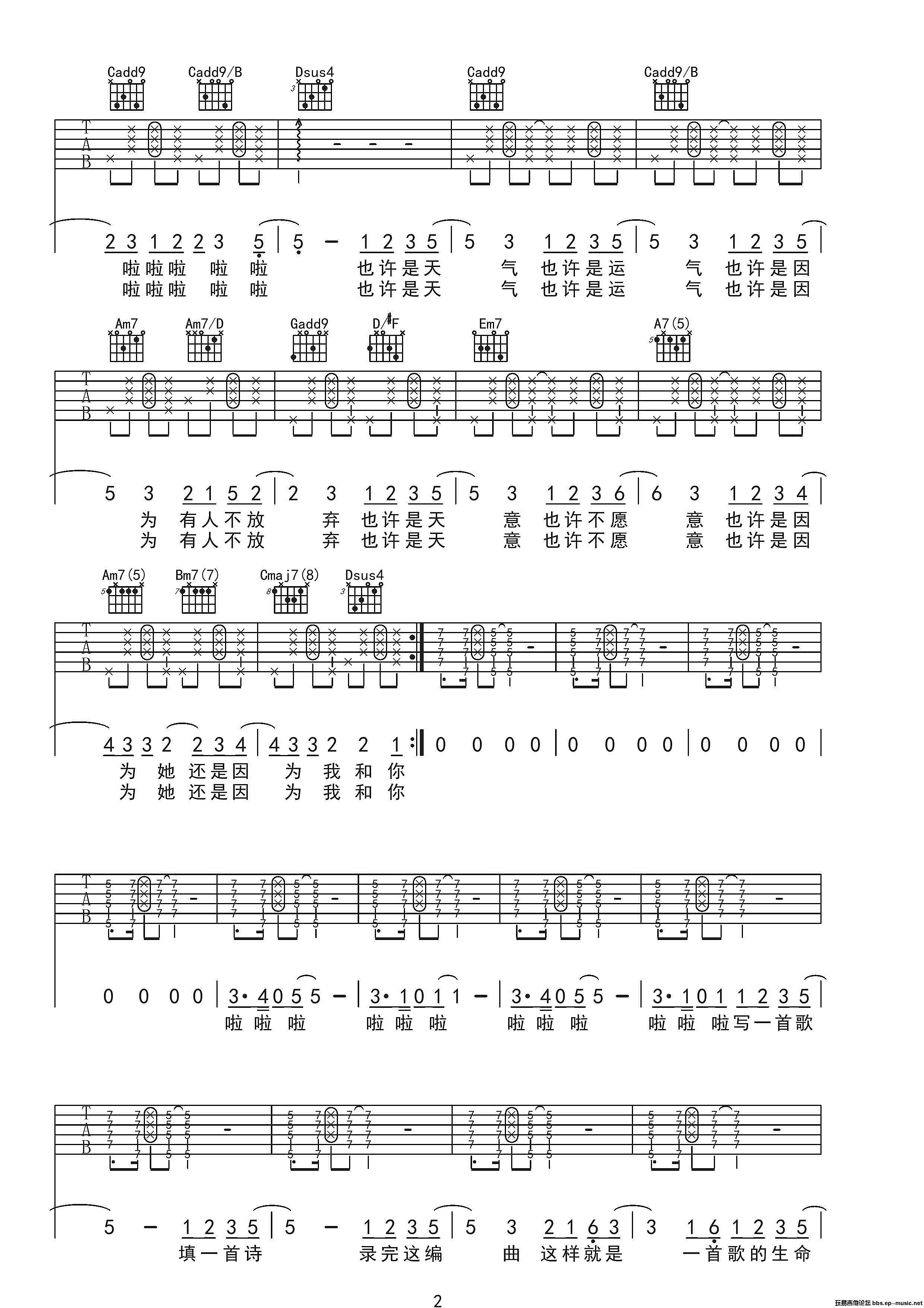 因为你吉他谱,原版方大同歌曲,简单G调弹唱教学,网络转载版六线指弹简谱图