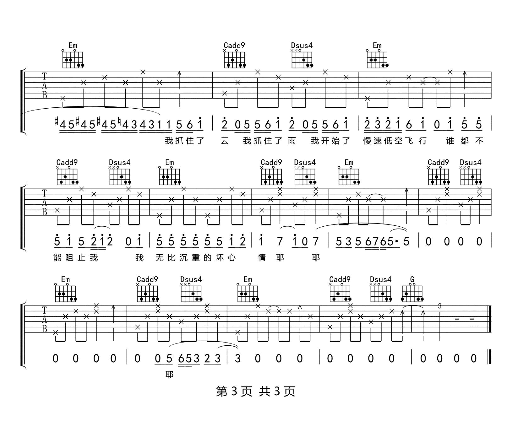 低空飞行吉他谱,原版沈以诚歌曲,简单C调弹唱教学,网络转载版六线指弹简谱图