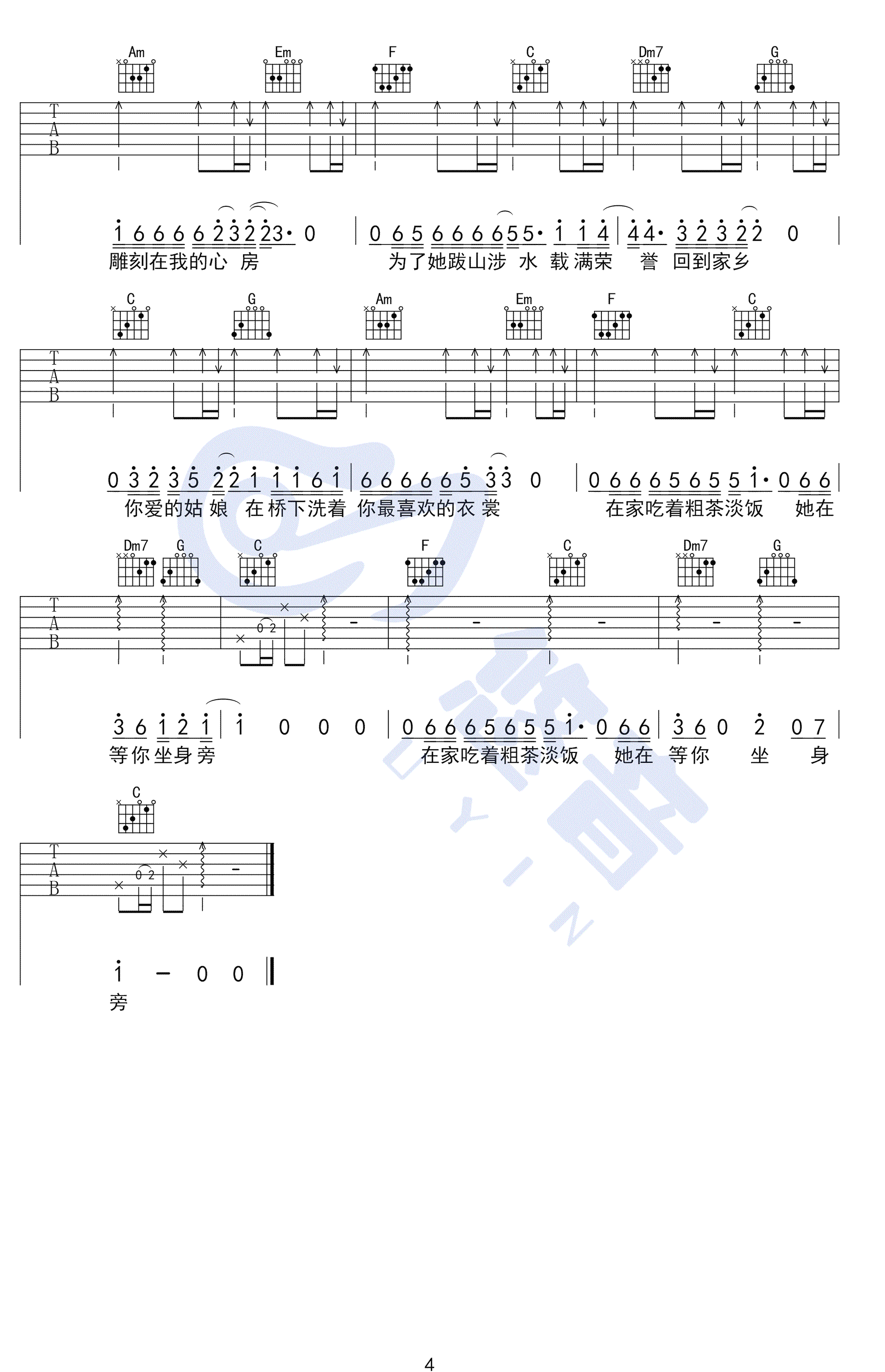 你的姑娘吉他谱,隔壁老樊歌曲,简单指弹教学简谱,悠音吉他六线谱图片