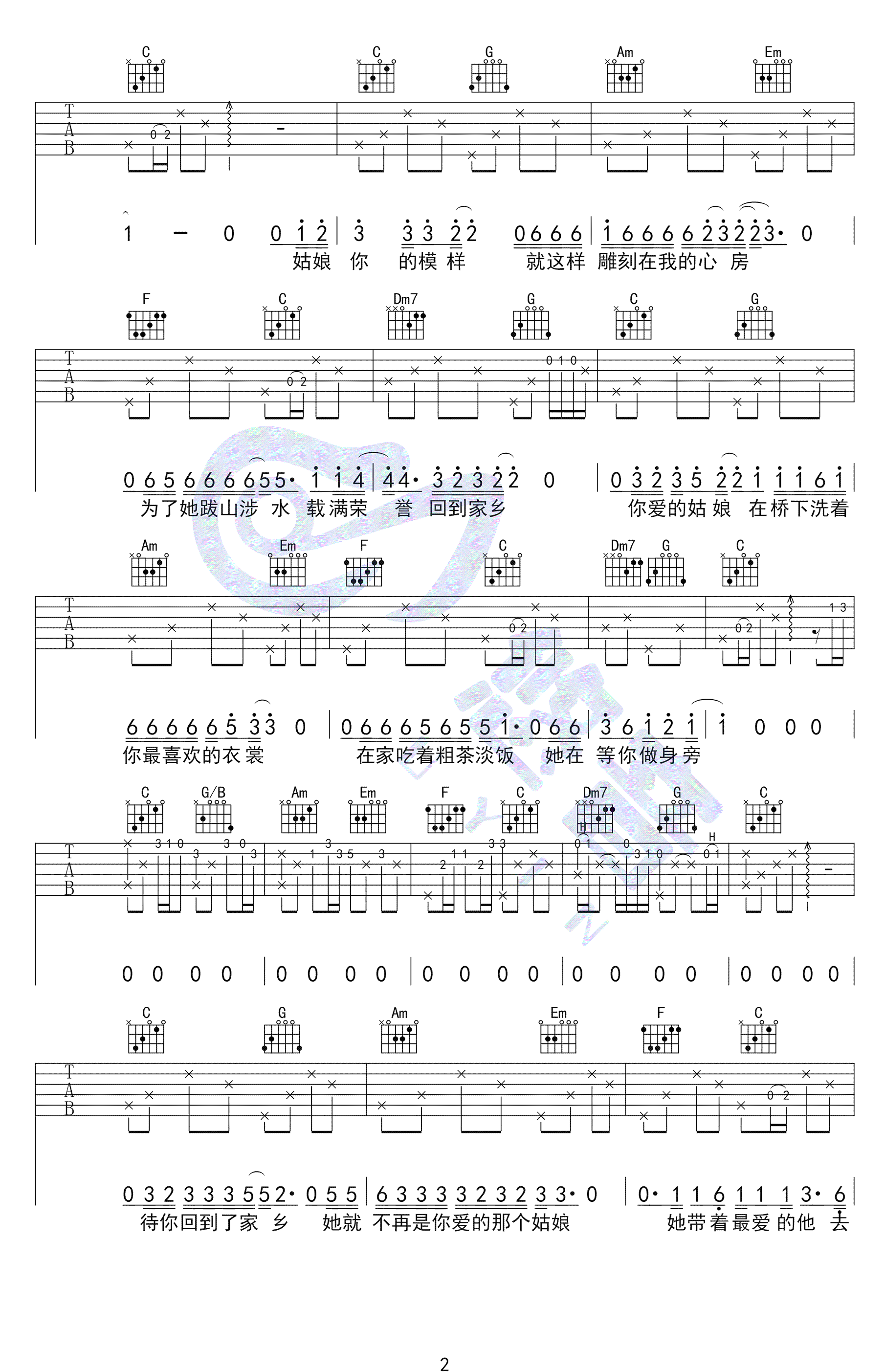 你的姑娘吉他谱,隔壁老樊歌曲,简单指弹教学简谱,悠音吉他六线谱图片