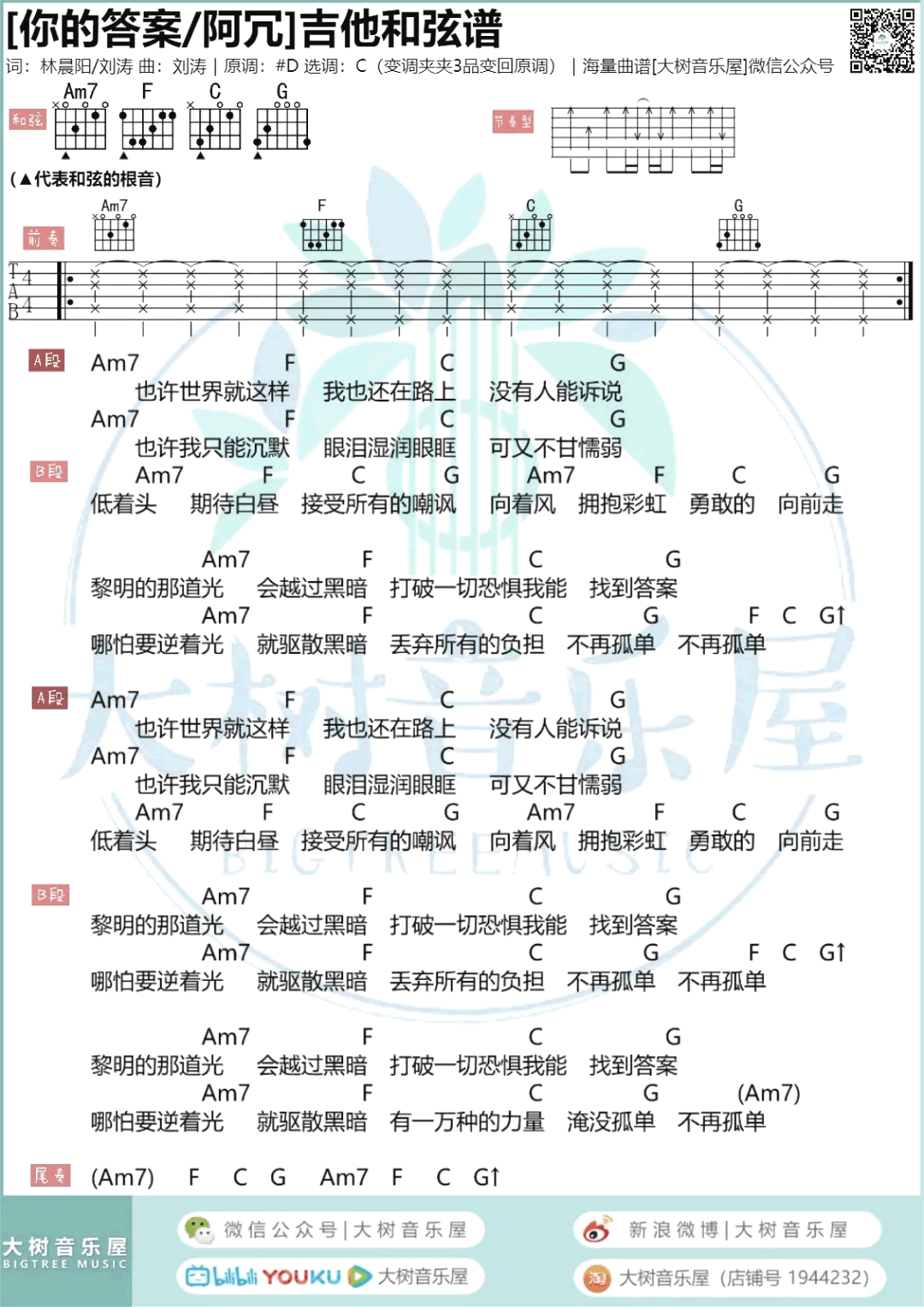 你的答案吉他谱,刘涛林晨阳歌曲,C调简单指弹教学简谱,大树音乐屋六线谱图片