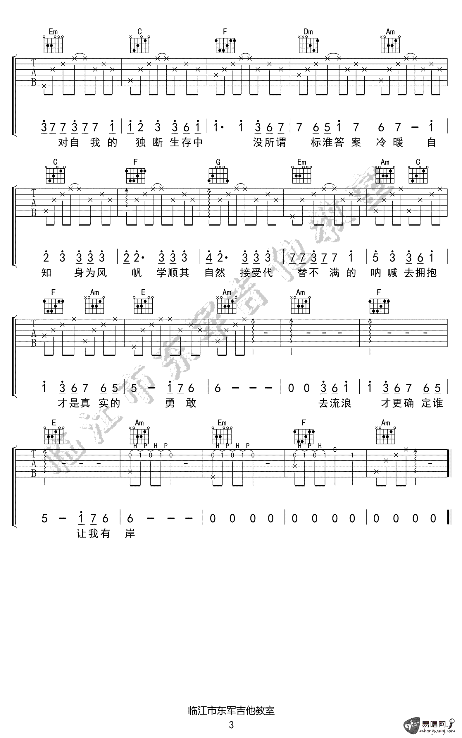 身为风帆吉他谱,原版林俊杰歌曲,简单C调弹唱教学,临江市东军吉他教室版六线指弹简谱图