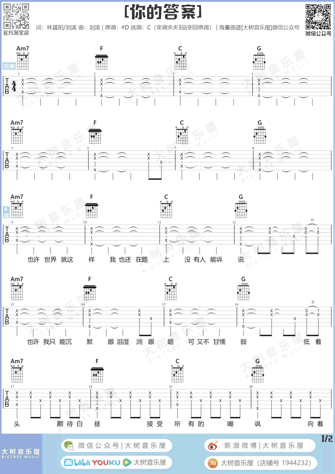 你的答案吉他谱,刘涛林晨阳歌曲,C调简单指弹教学简谱,大树音乐屋六线谱图片