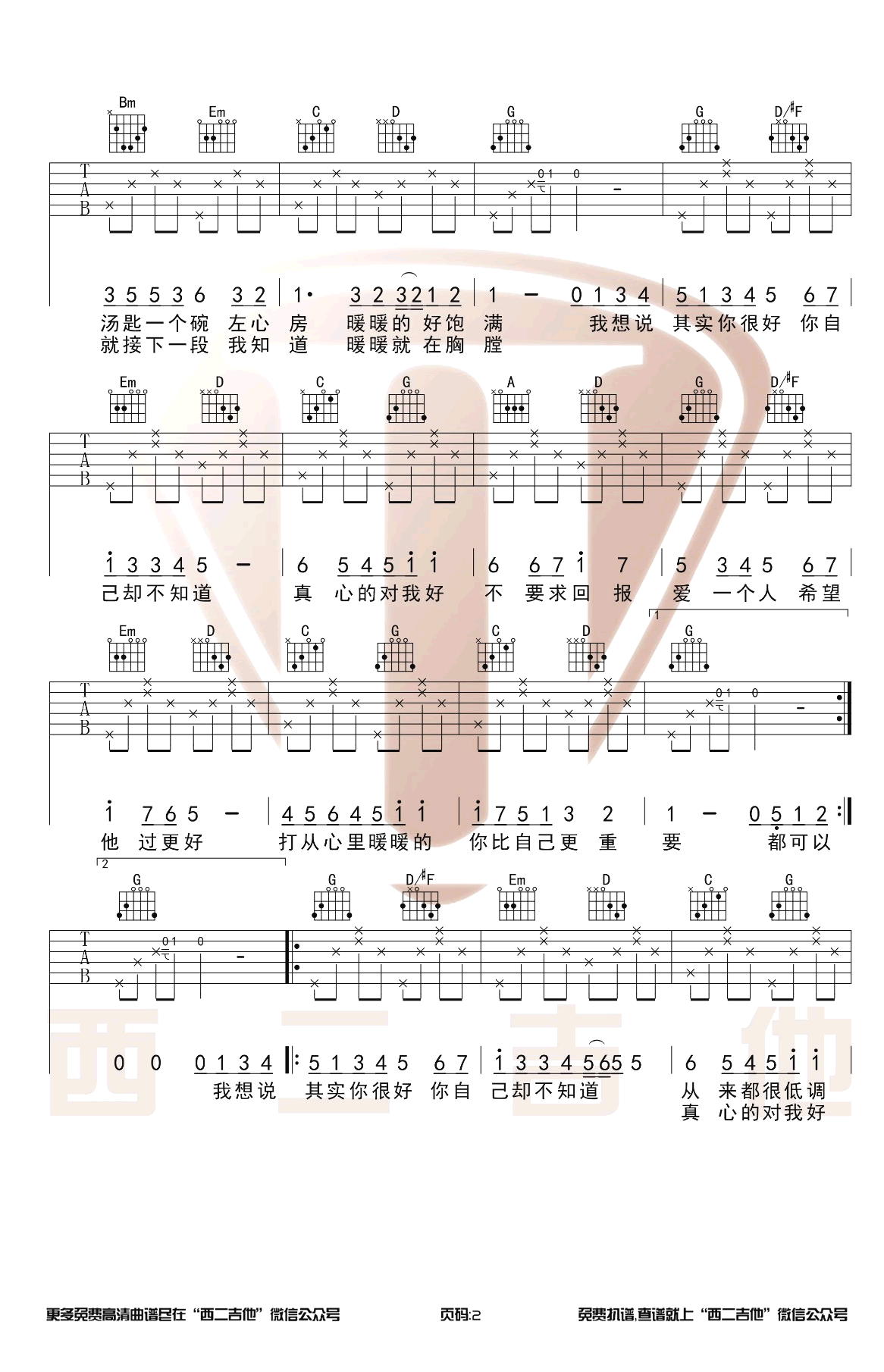 暖暖吉他谱,李焯雄人工歌曲,简单指弹教学简谱,西二吉他六线谱图片