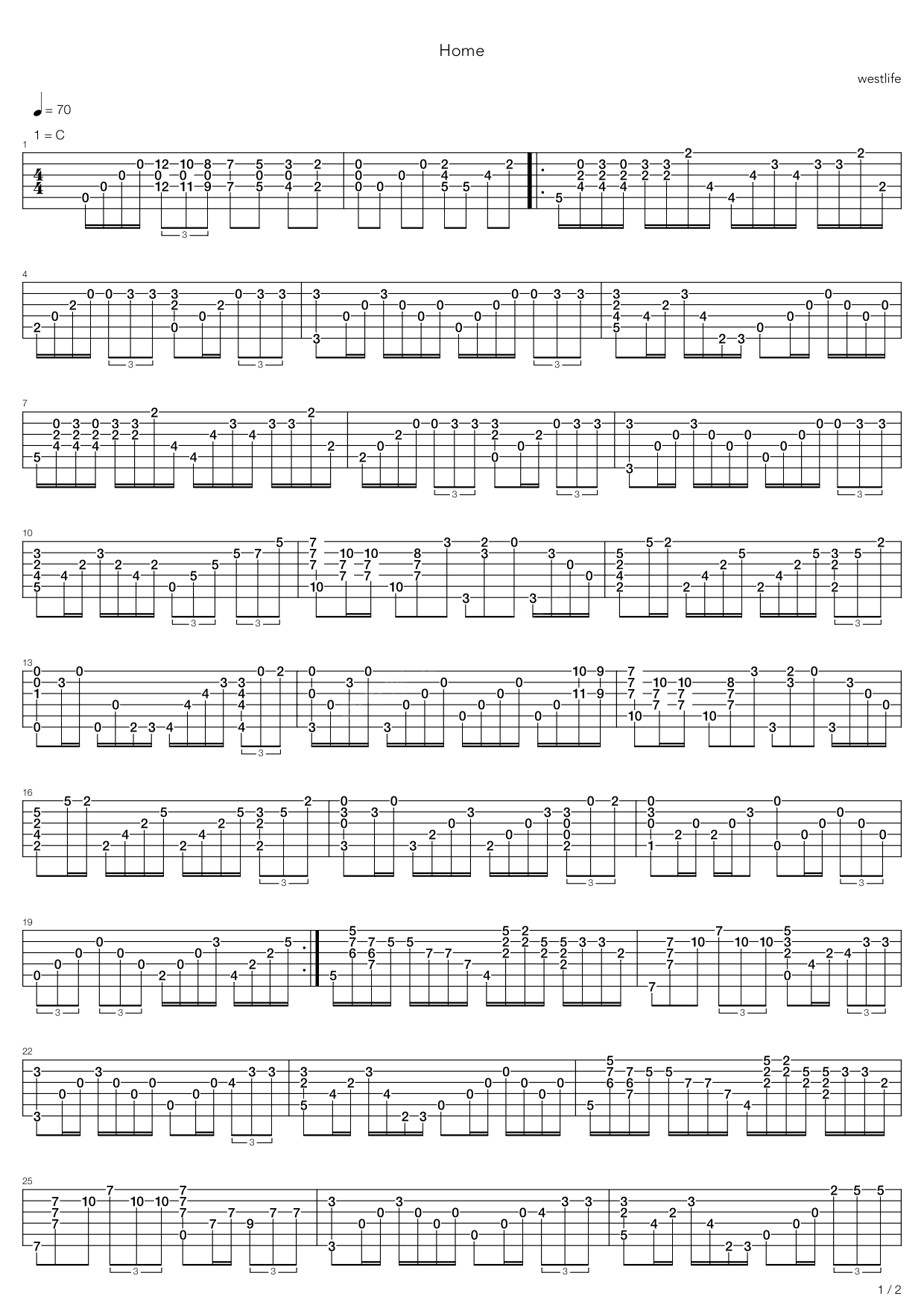 Home指弹谱C调吉他谱,原版Westlife歌曲,简单吉他弹唱教学,网络转载版六线指弹简谱图