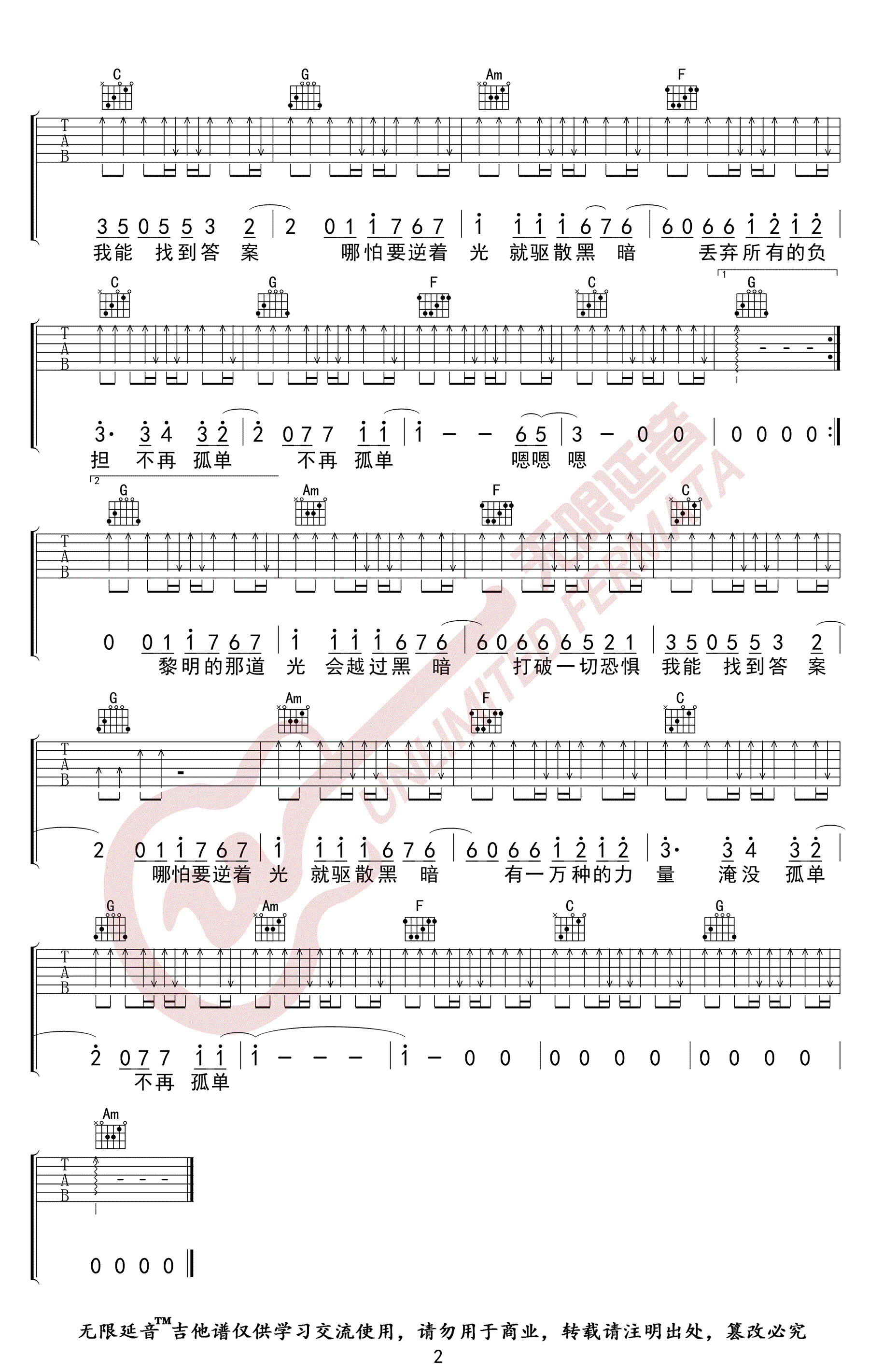 你的答案吉他谱,刘涛林晨阳歌曲,C调简单指弹教学简谱,无限延音六线谱图片