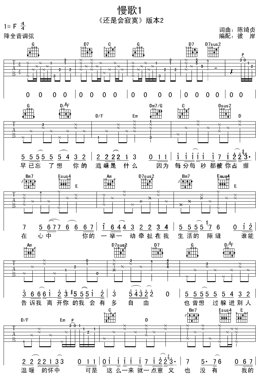 慢歌1吉他谱,原版陈绮贞歌曲,简单F调弹唱教学,彼岸吉他版六线指弹简谱图