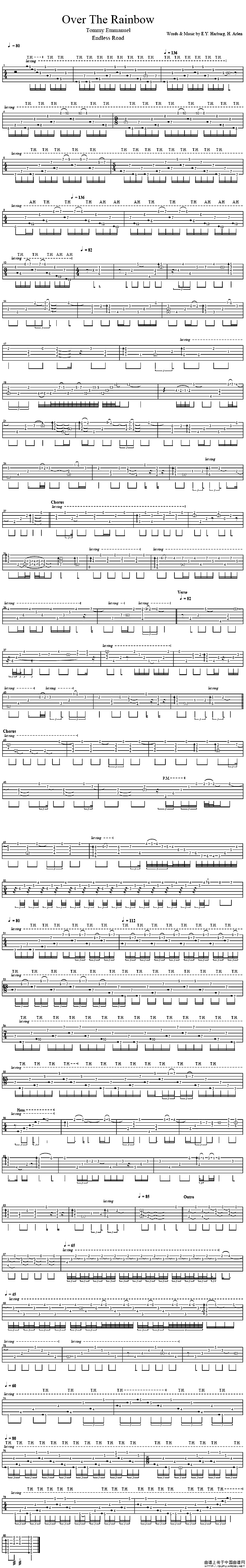 overtherainbow吉他指弹吉他谱,原版郑成河歌曲,简单C调弹唱教学,中国曲谱网版六线指弹简谱图