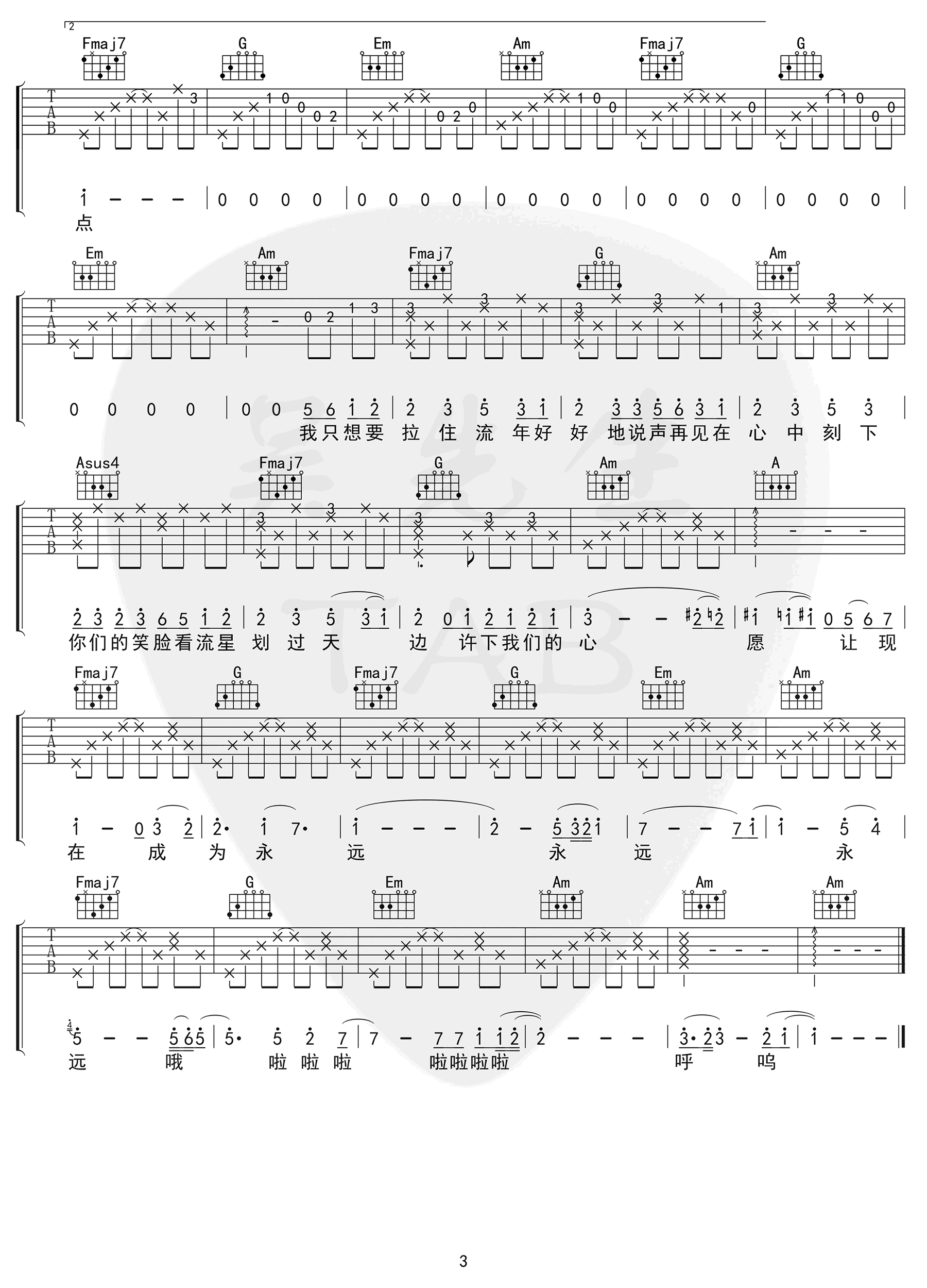 雷雨心《记念》吉他谱,雷雨心歌曲,简单指弹教学简谱,吴先生六线谱图片