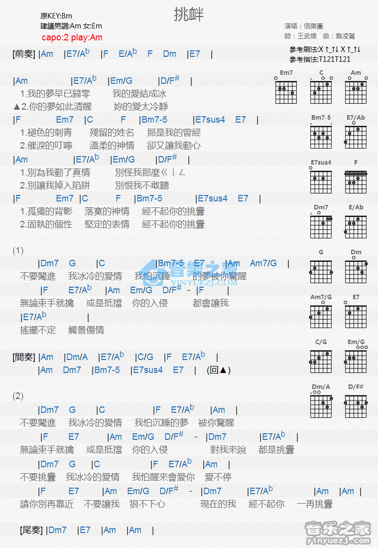 挑衅吉他谱,原版信乐团歌曲,简单B调弹唱教学,音乐之家版六线指弹简谱图