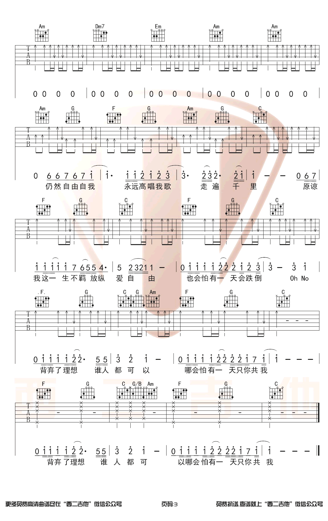 海阔天空吉他谱,黄家驹歌曲,简单指弹教学简谱,西二吉他六线谱图片