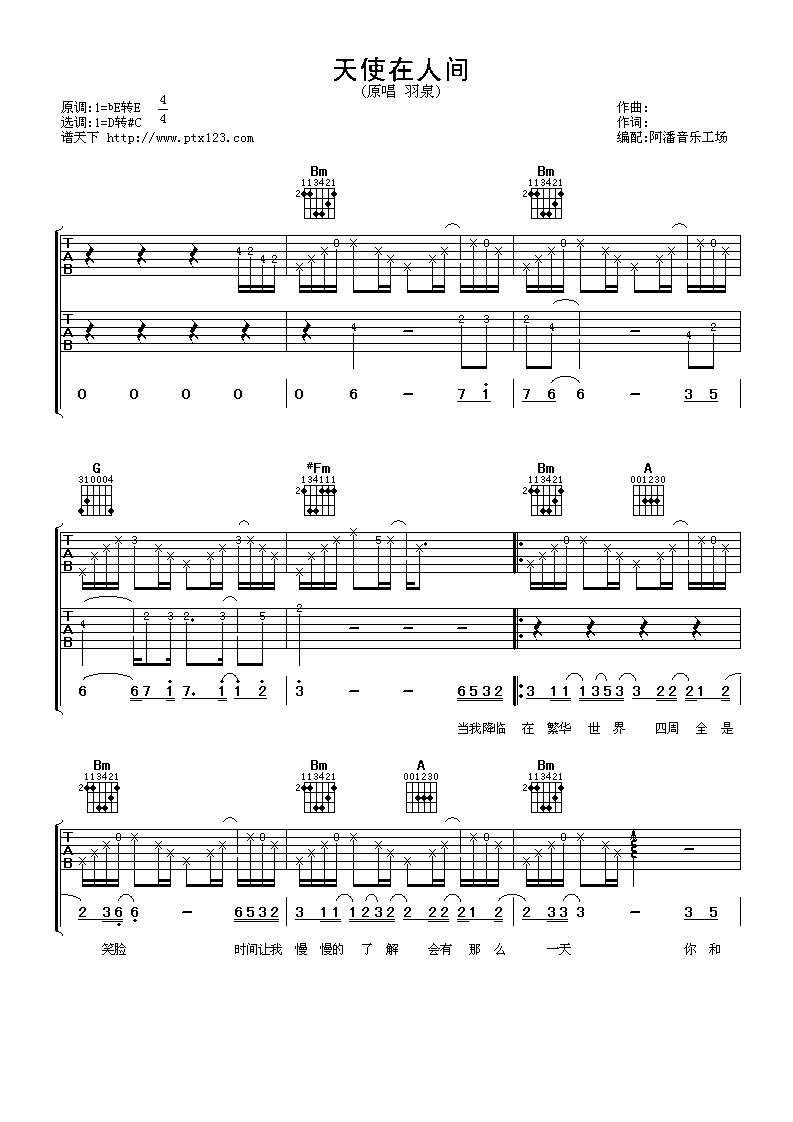 天使在人间吉他谱,原版羽泉歌曲,简单C调弹唱教学,阿潘音乐工场版六线指弹简谱图