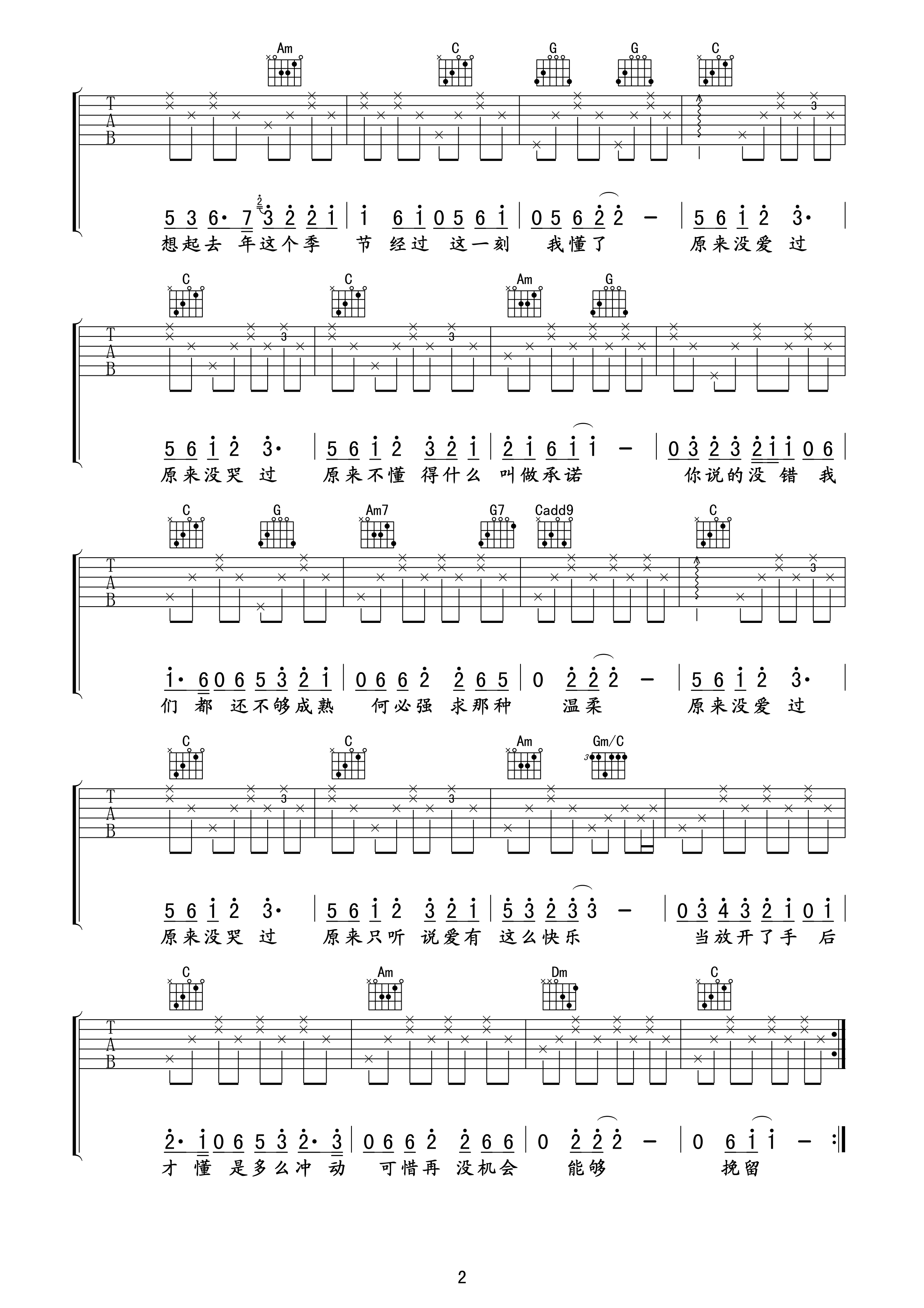 原来吉他谱,原版刘心歌曲,简单C调弹唱教学,午夜版六线指弹简谱图