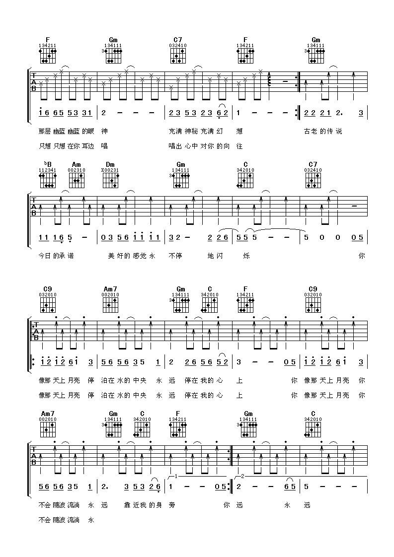 透过开满鲜花的月亮吉他谱,原版林依轮歌曲,简单F调弹唱教学,阿潘音乐工场版六线指弹简谱图