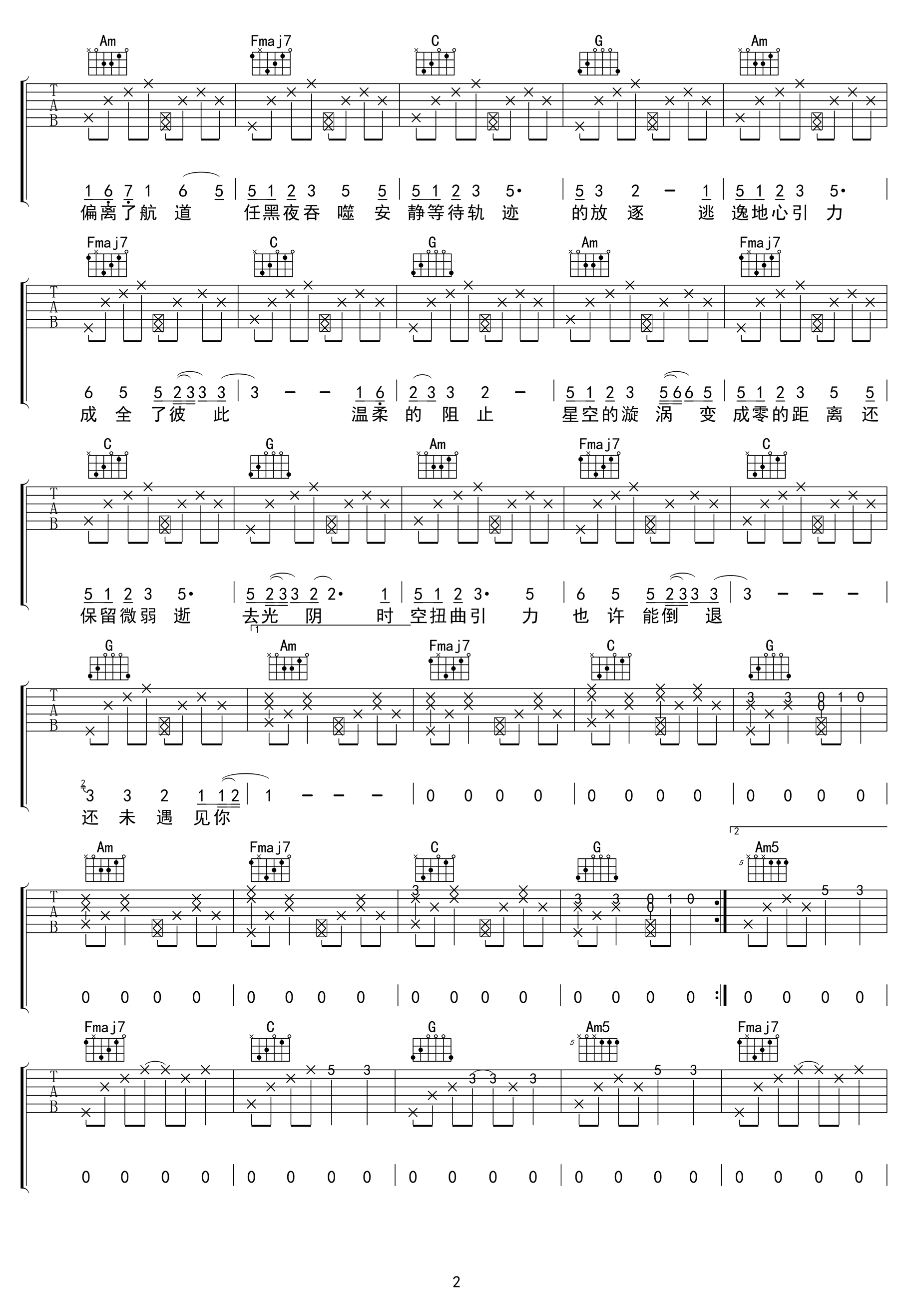 坠落星空吉他谱,小星星Au歌曲,简单指弹教学简谱,吴先生六线谱图片