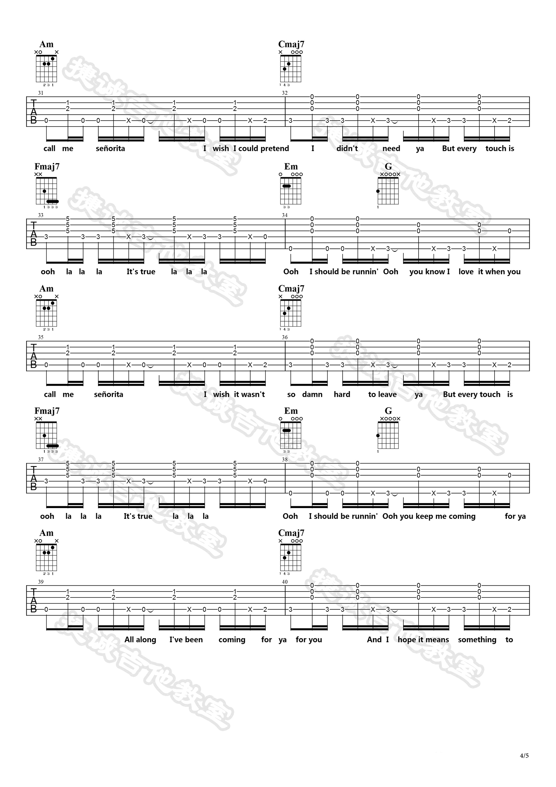 Senorita吉他,域名歌曲,简单指弹教学简谱,捷诚吉他教室六线谱图片