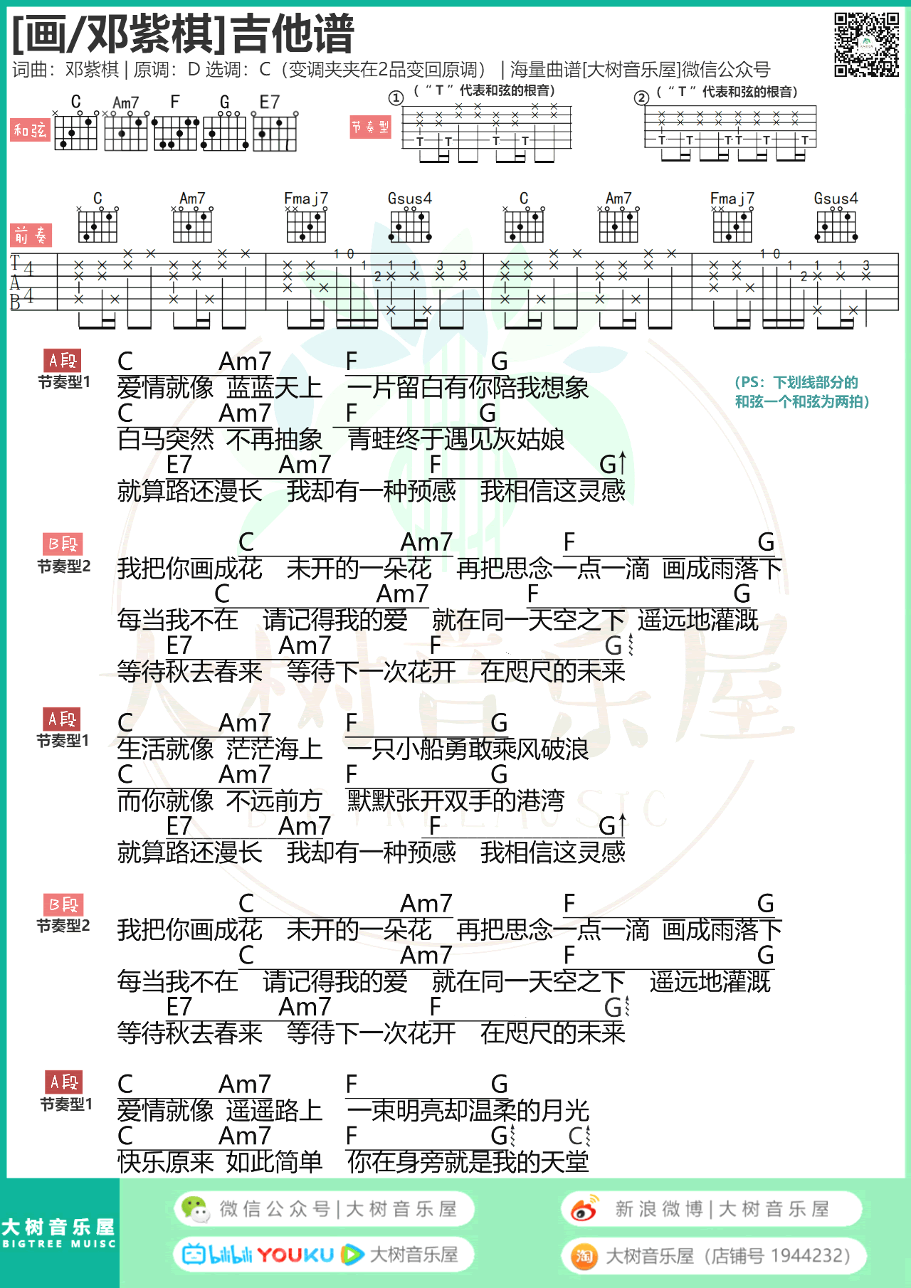 邓紫棋《画》吉他谱,邓紫棋歌曲,C调简单指弹教学简谱,大树音乐屋六线谱图片