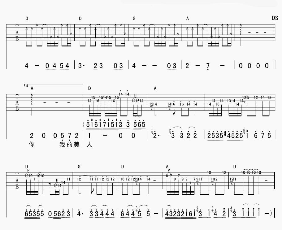 美人吉他谱,原版小安歌曲,简单D调弹唱教学,延麟版六线指弹简谱图