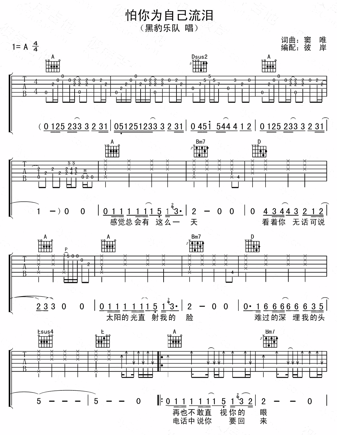 怕你为自己流泪吉他谱,原版黑豹乐队歌曲,简单A调弹唱教学,彼岸吉他版六线指弹简谱图