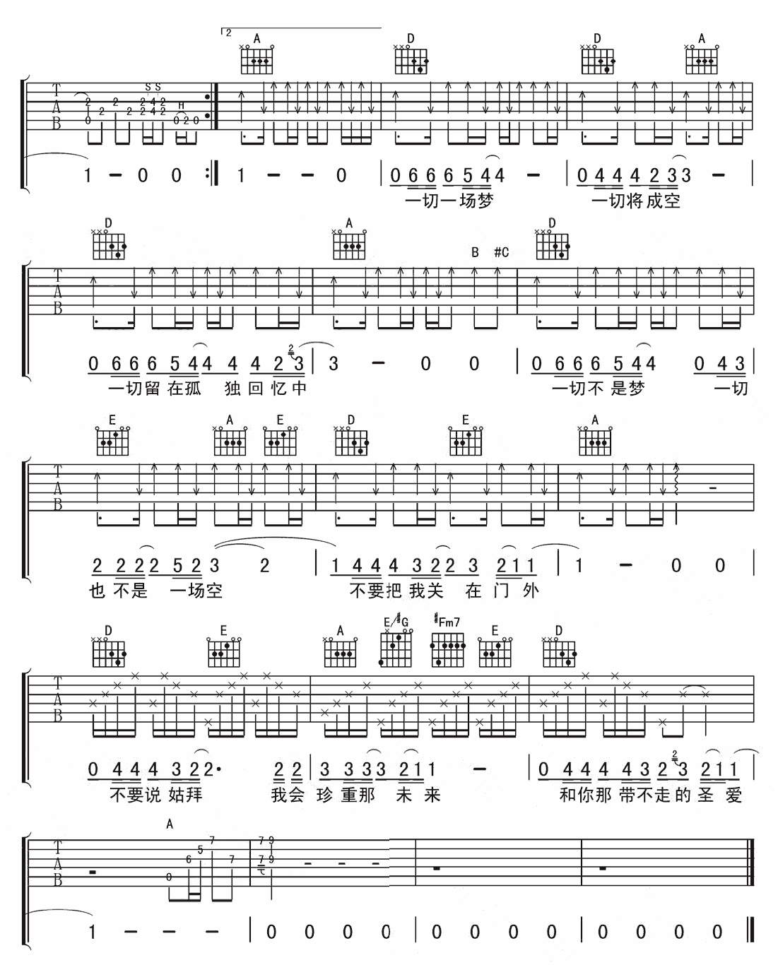 怕你为自己流泪吉他谱,原版黑豹乐队歌曲,简单A调弹唱教学,彼岸吉他版六线指弹简谱图