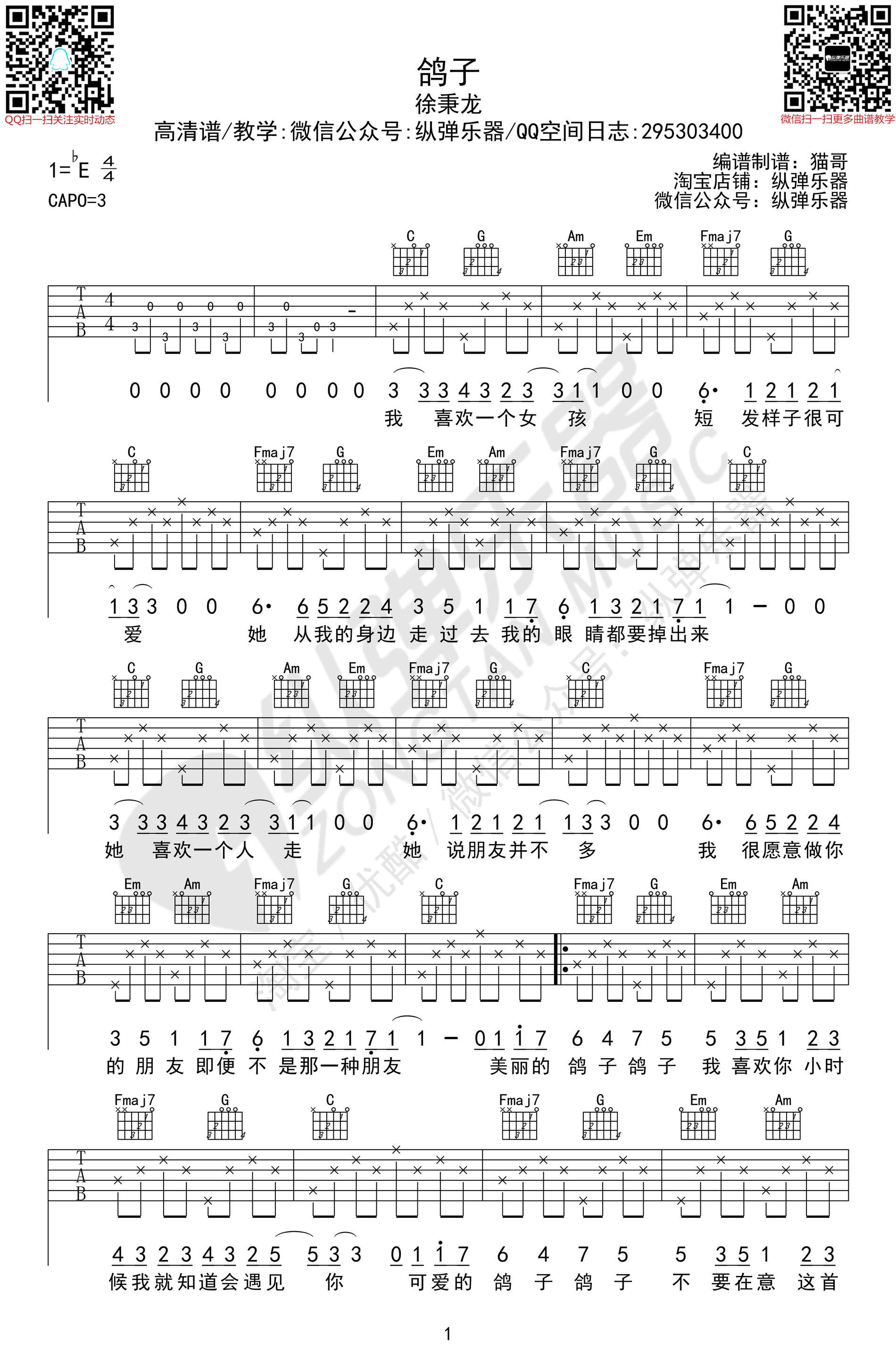 鸽子吉他谱,林晨阳歌曲,C调简单指弹教学简谱,纵弹乐器六线谱图片