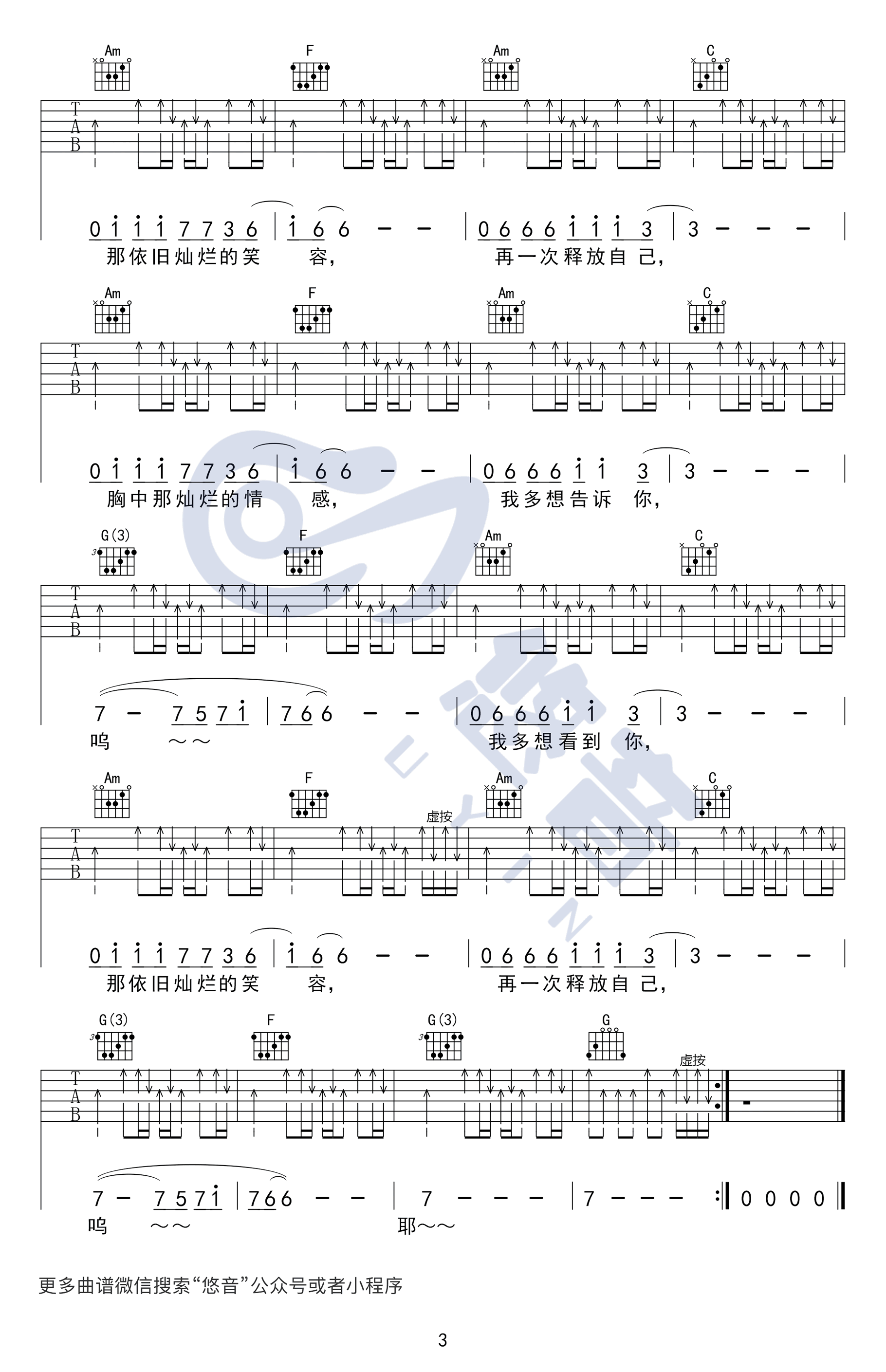 完美生活吉他谱,许巍歌曲,C调简单指弹教学简谱,悠音六线谱图片