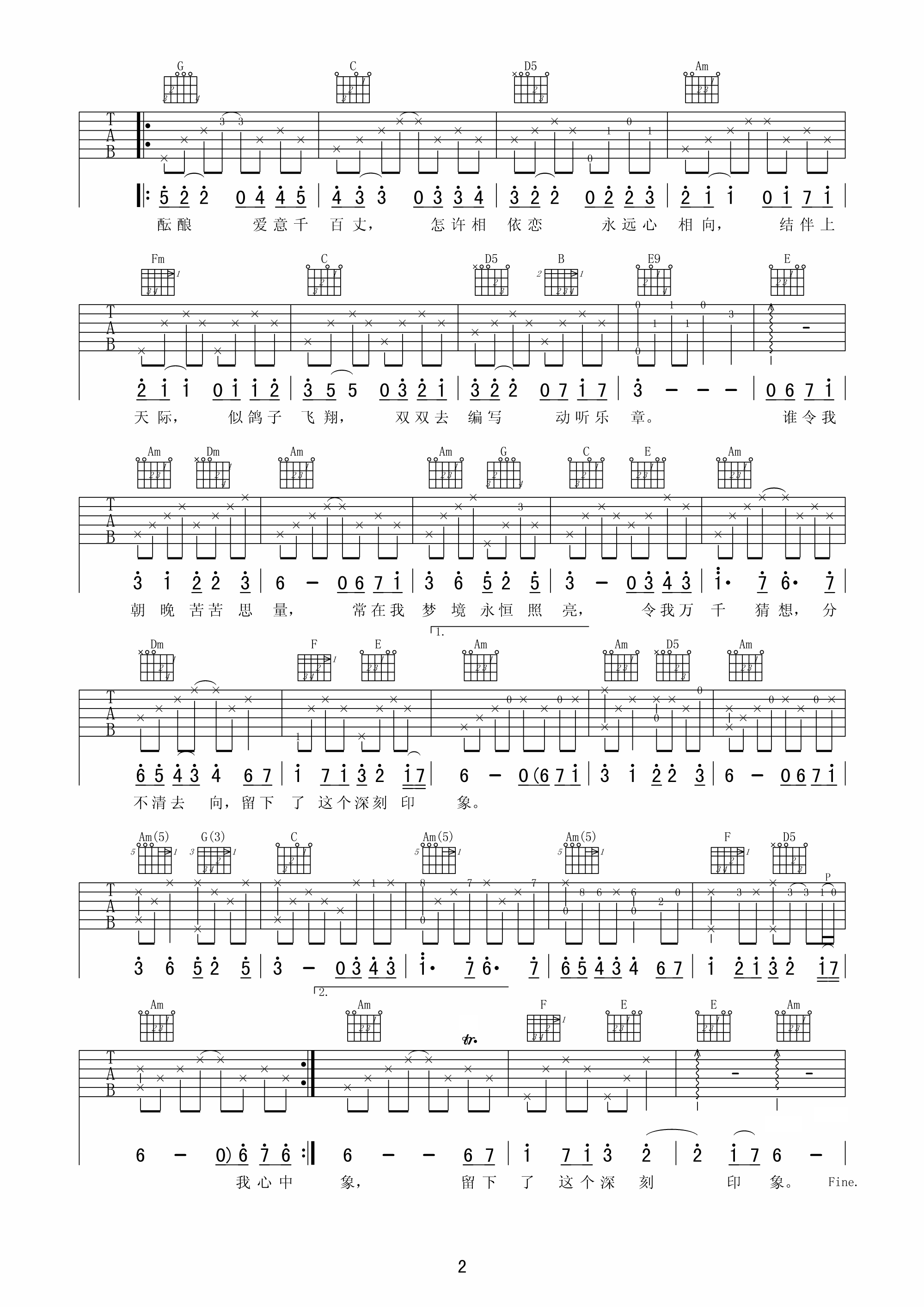 印象吉他谱,原版许冠杰歌曲,简单C调弹唱教学,盘古开天地版六线指弹简谱图