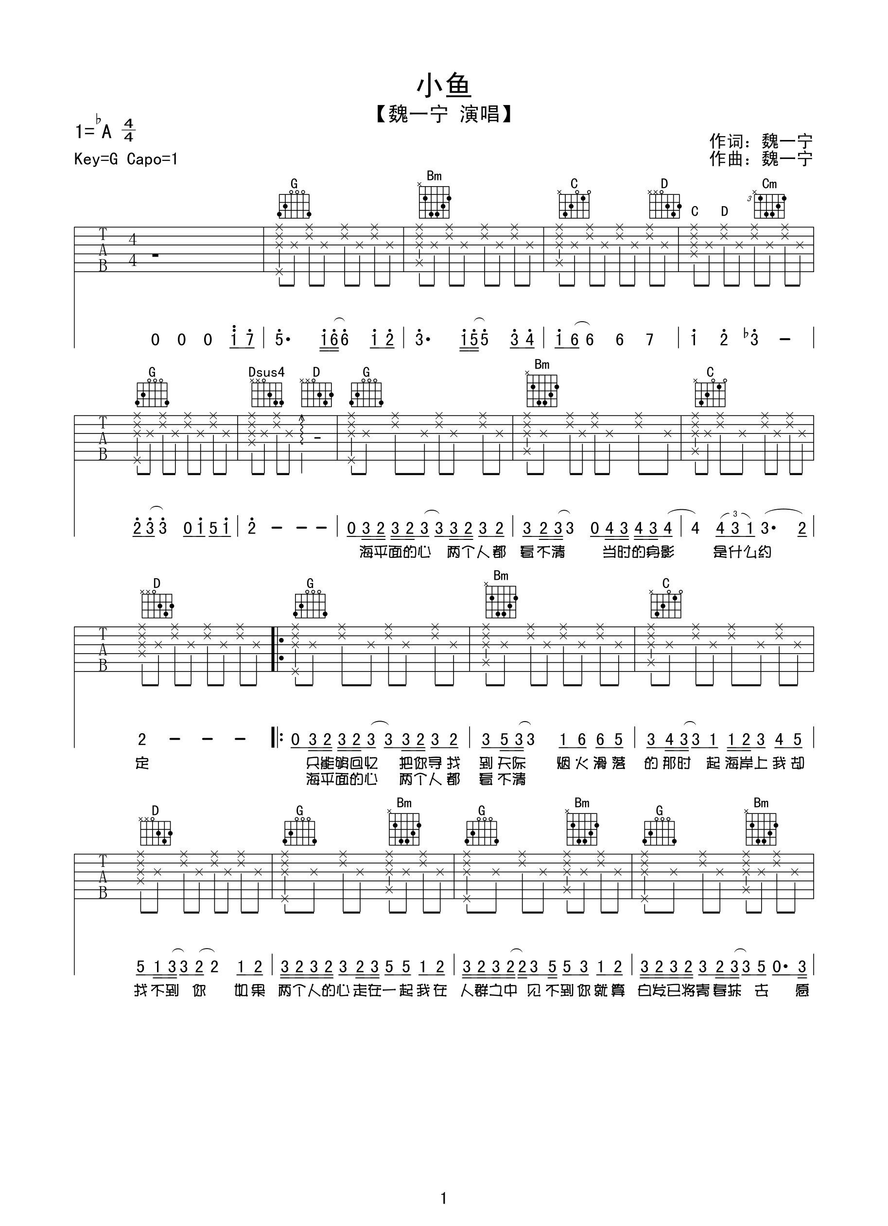 小鱼吉他谱,原版魏一宁歌曲,简单A调弹唱教学,网络转载版六线指弹简谱图