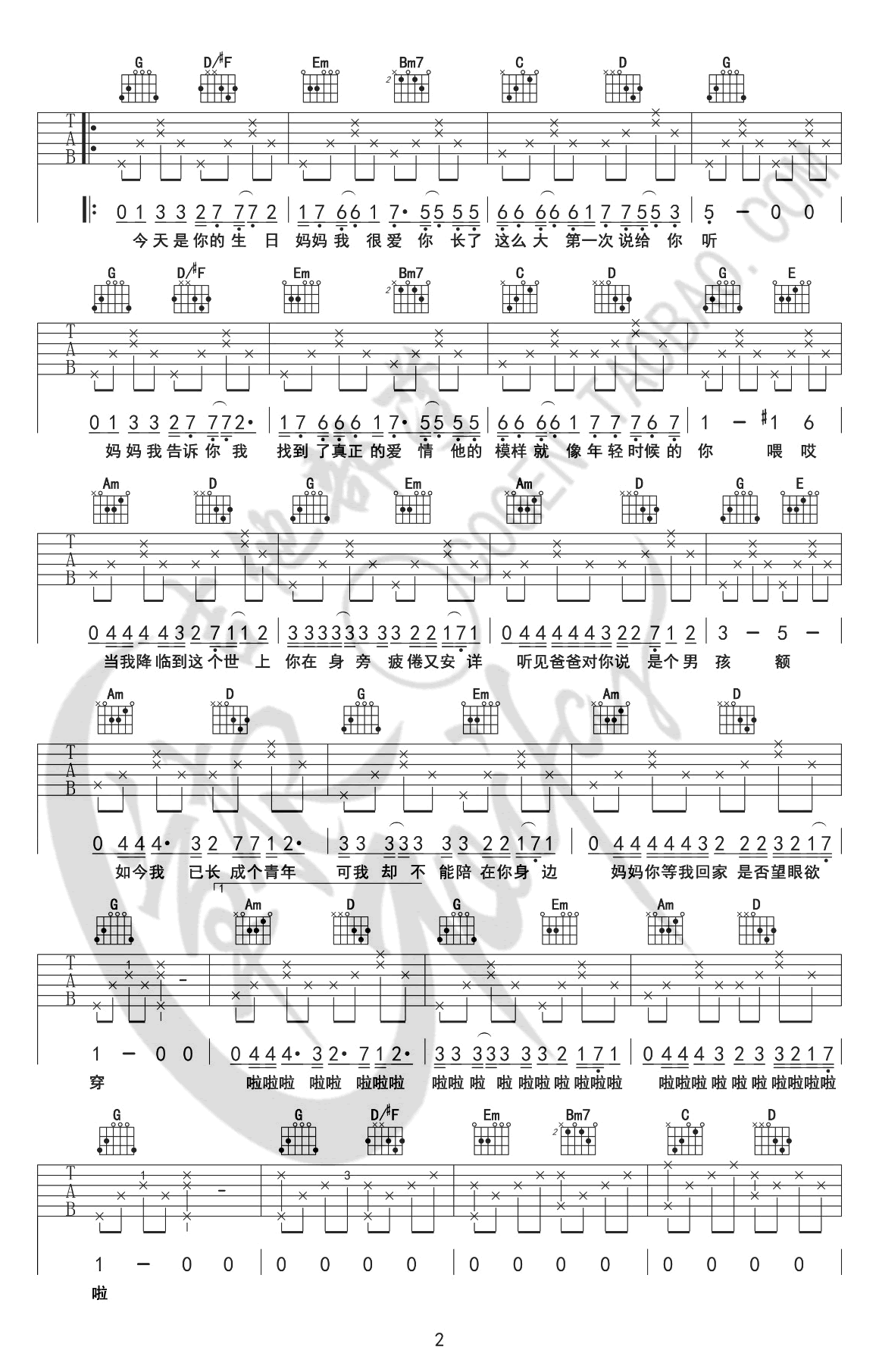 今天是你的生日妈妈吉,钟立风歌曲,简单指弹教学简谱,草根吉他部落六线谱图片