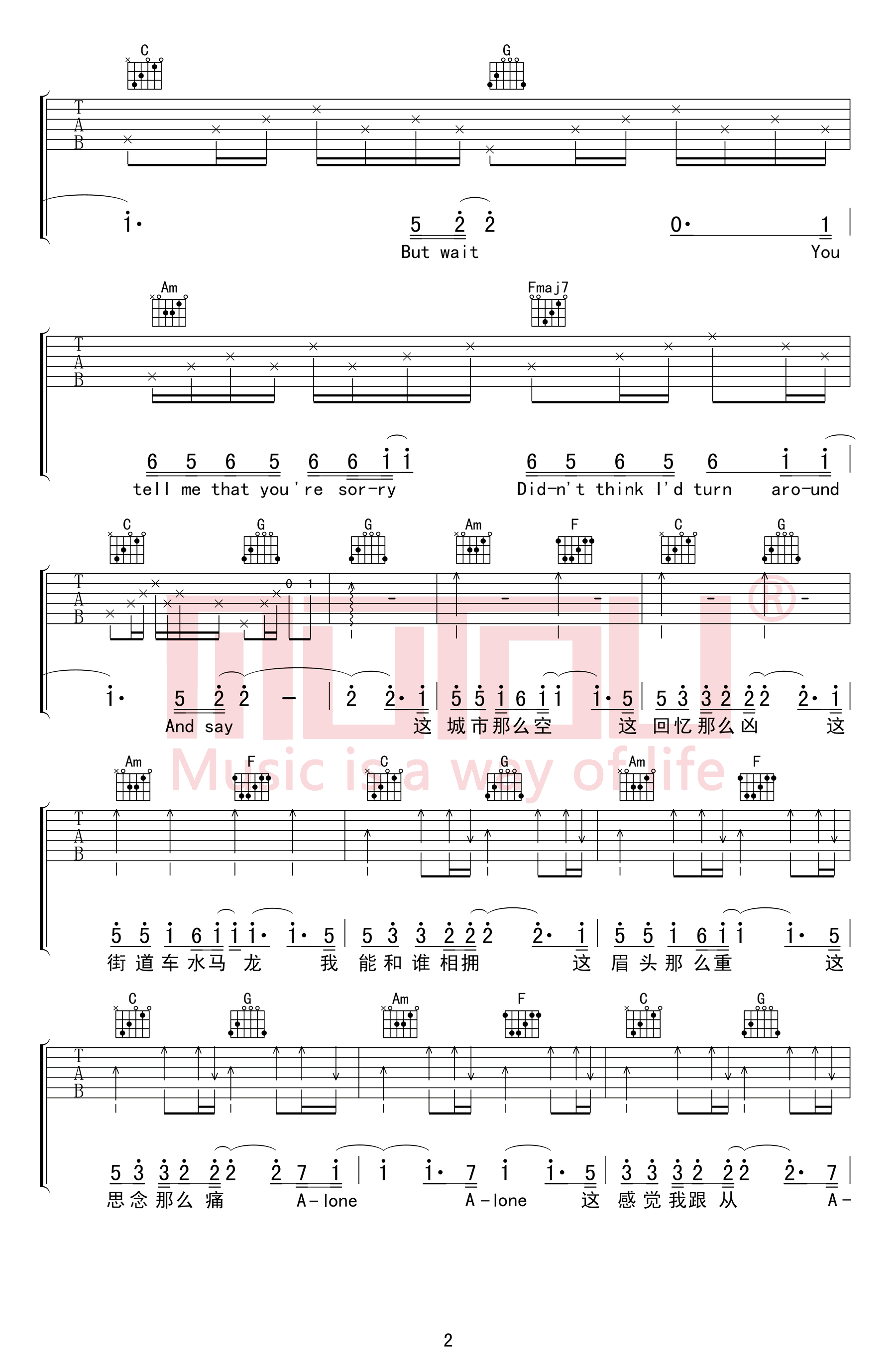 Apologize+,杨坤歌曲,C调简单指弹教学简谱,木头吉他屋六线谱图片