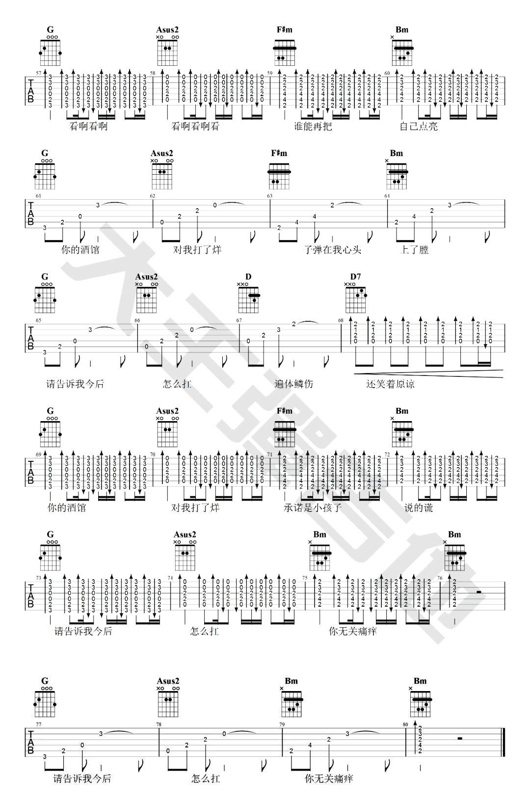 你的酒馆对我打了烊吉,陈雪凝歌曲,简单指弹教学简谱,大王弹吉他六线谱图片