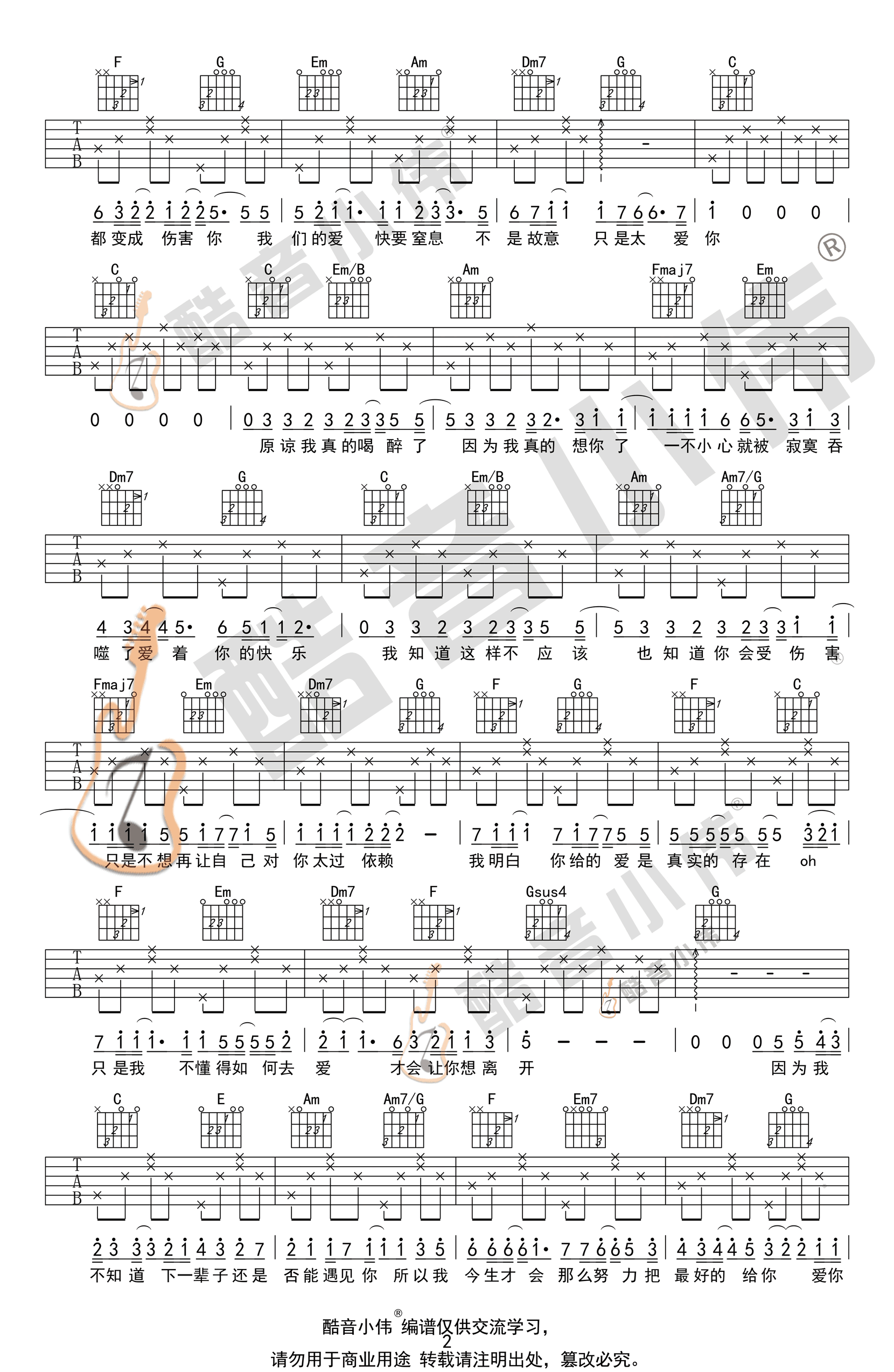 只是太爱你吉他谱,张敬轩歌曲,简单指弹教学简谱,酷音小伟六线谱图片