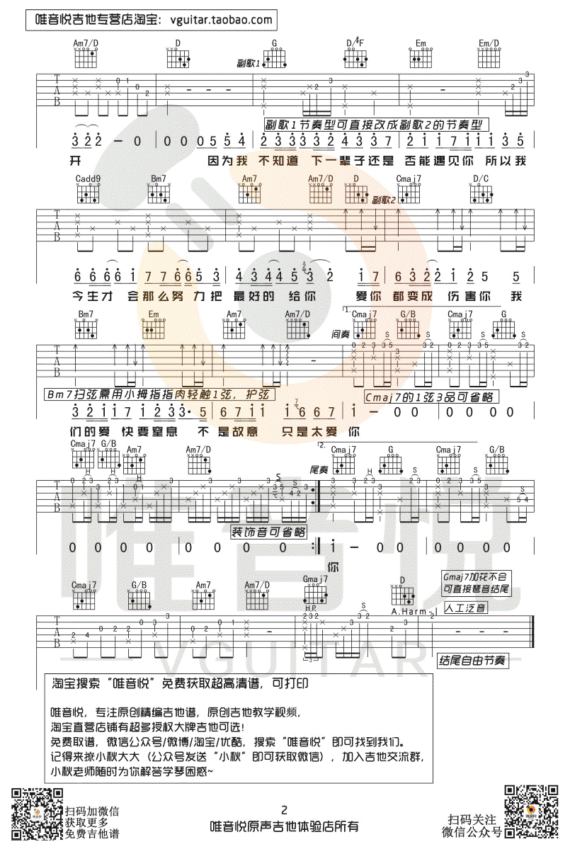 张敬轩《只是太爱你》,张敬轩歌曲,简单指弹教学简谱,唯音悦六线谱图片