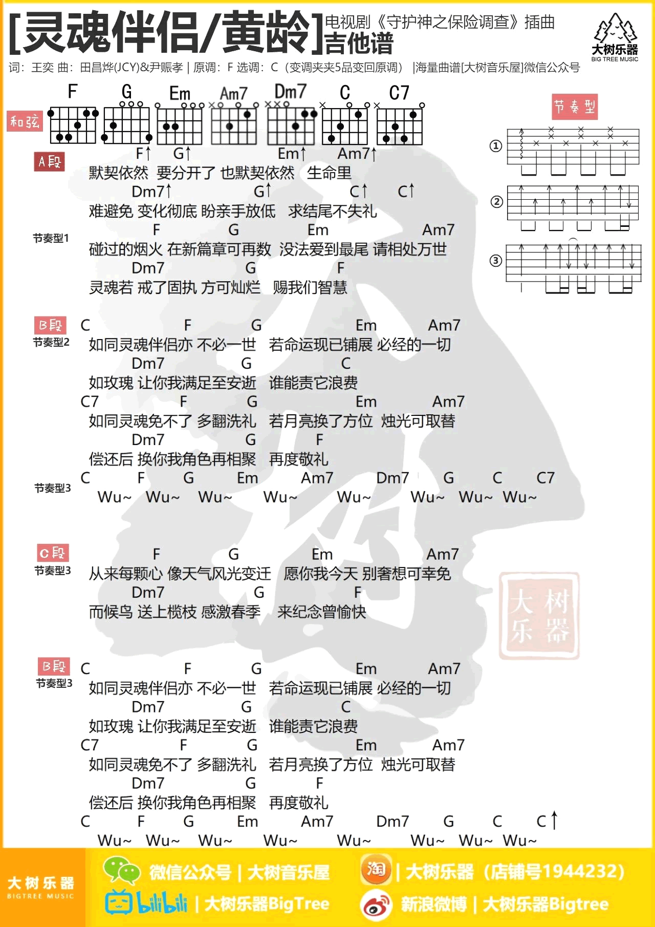 灵魂伴侣吉他谱,王奕田昌烨歌曲,C调简单指弹教学简谱,大树乐器六线谱图片