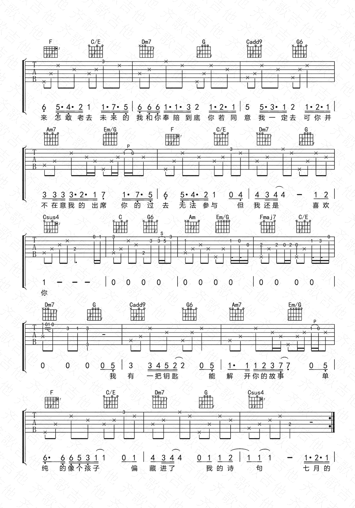 遥远的你吉他谱,王明明歌曲,简单指弹教学简谱,齐歌吉他六线谱图片