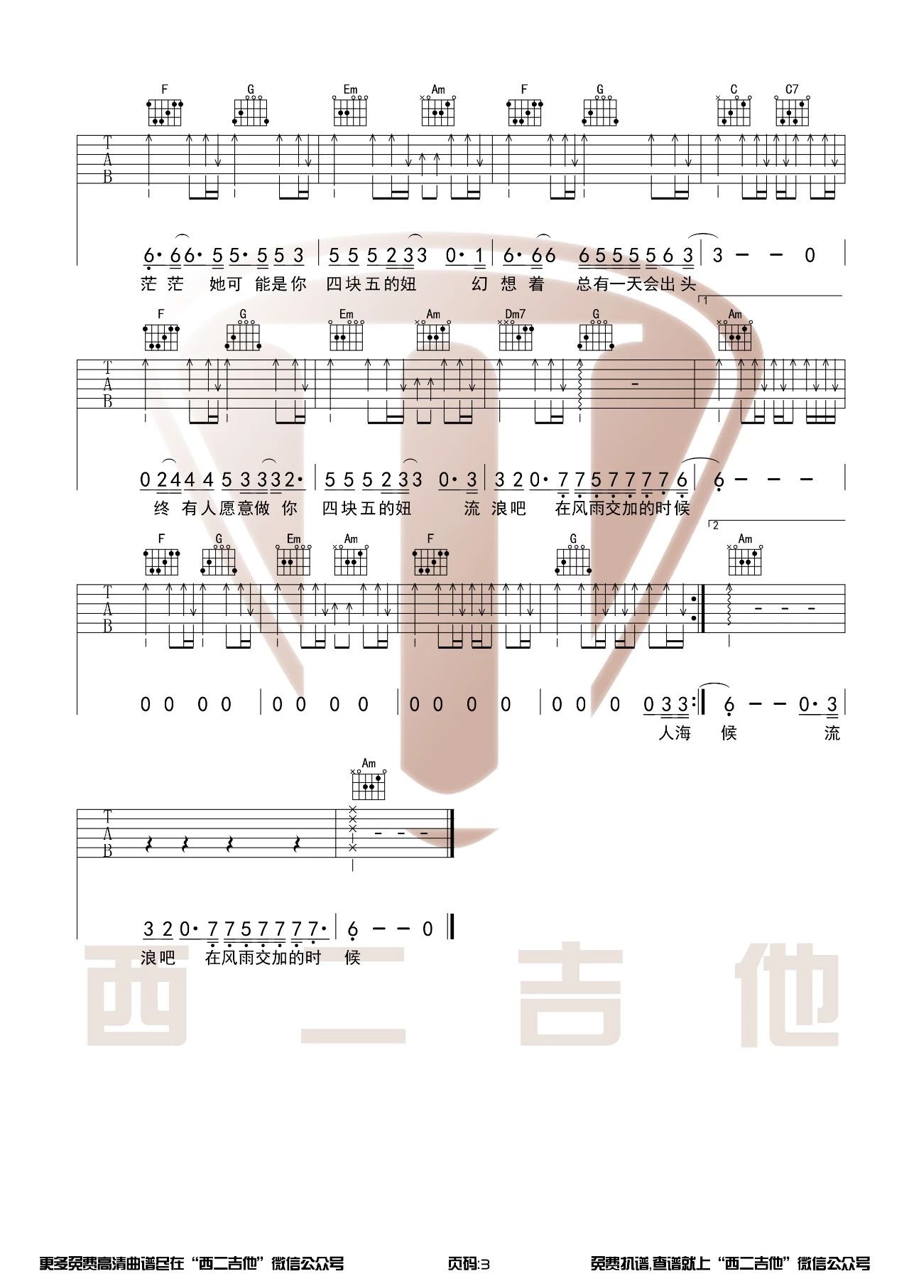 四块五吉他谱_隔壁老樊_C调简单版_吉他教学视频-吉他控