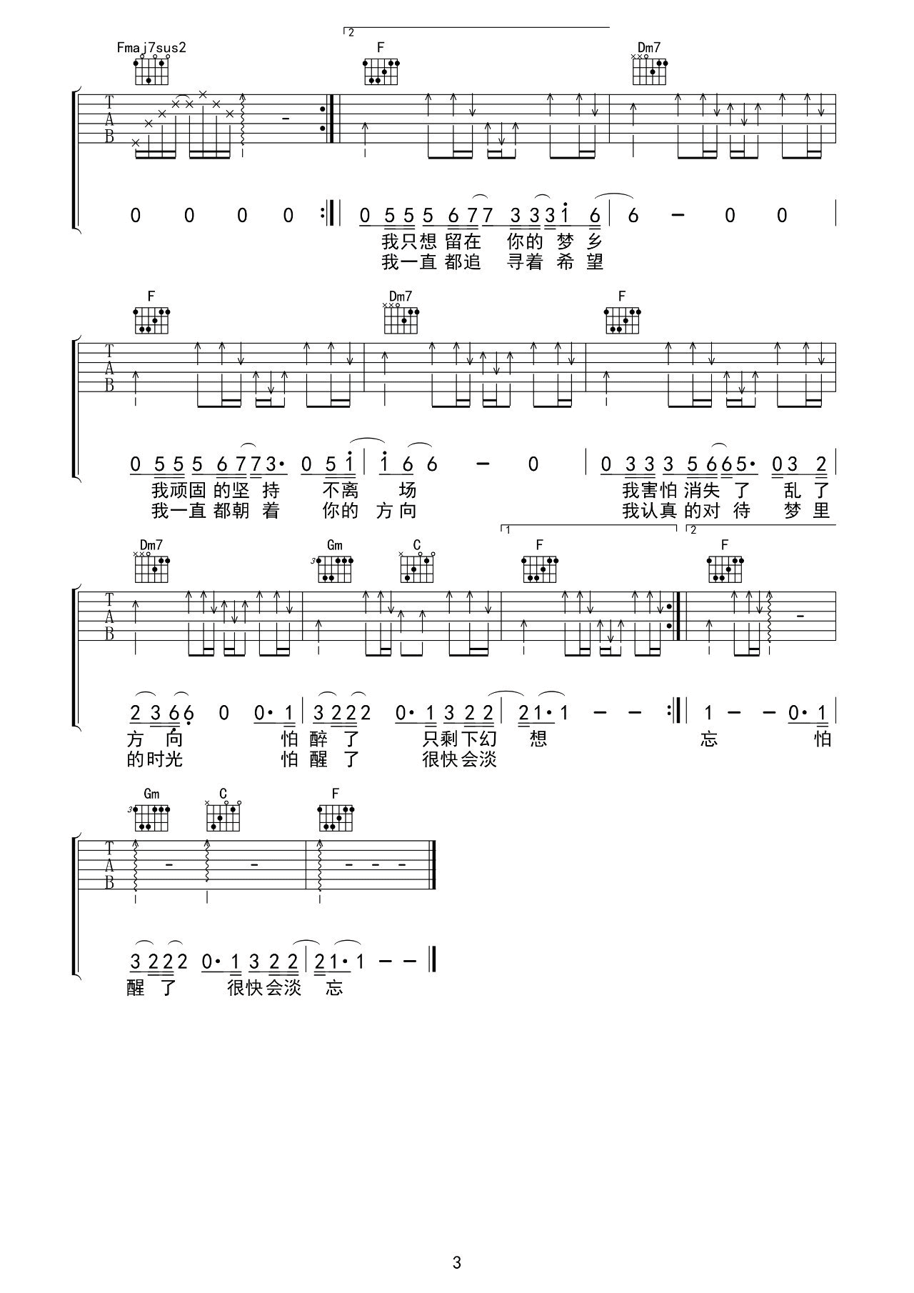 路远吉他谱,原版张磊歌曲,简单F调弹唱教学,音艺吉他版六线指弹简谱图