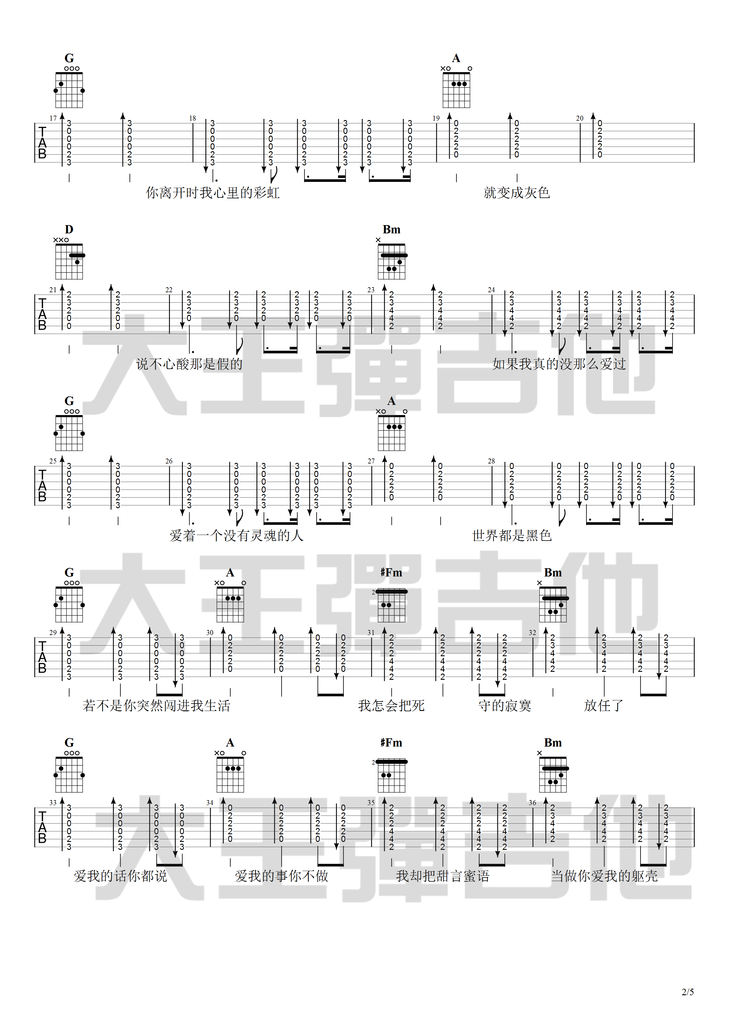 绿色吉他谱,原版陈雪凝歌曲,简单D调弹唱教学,大王弹吉他版六线指弹简谱图