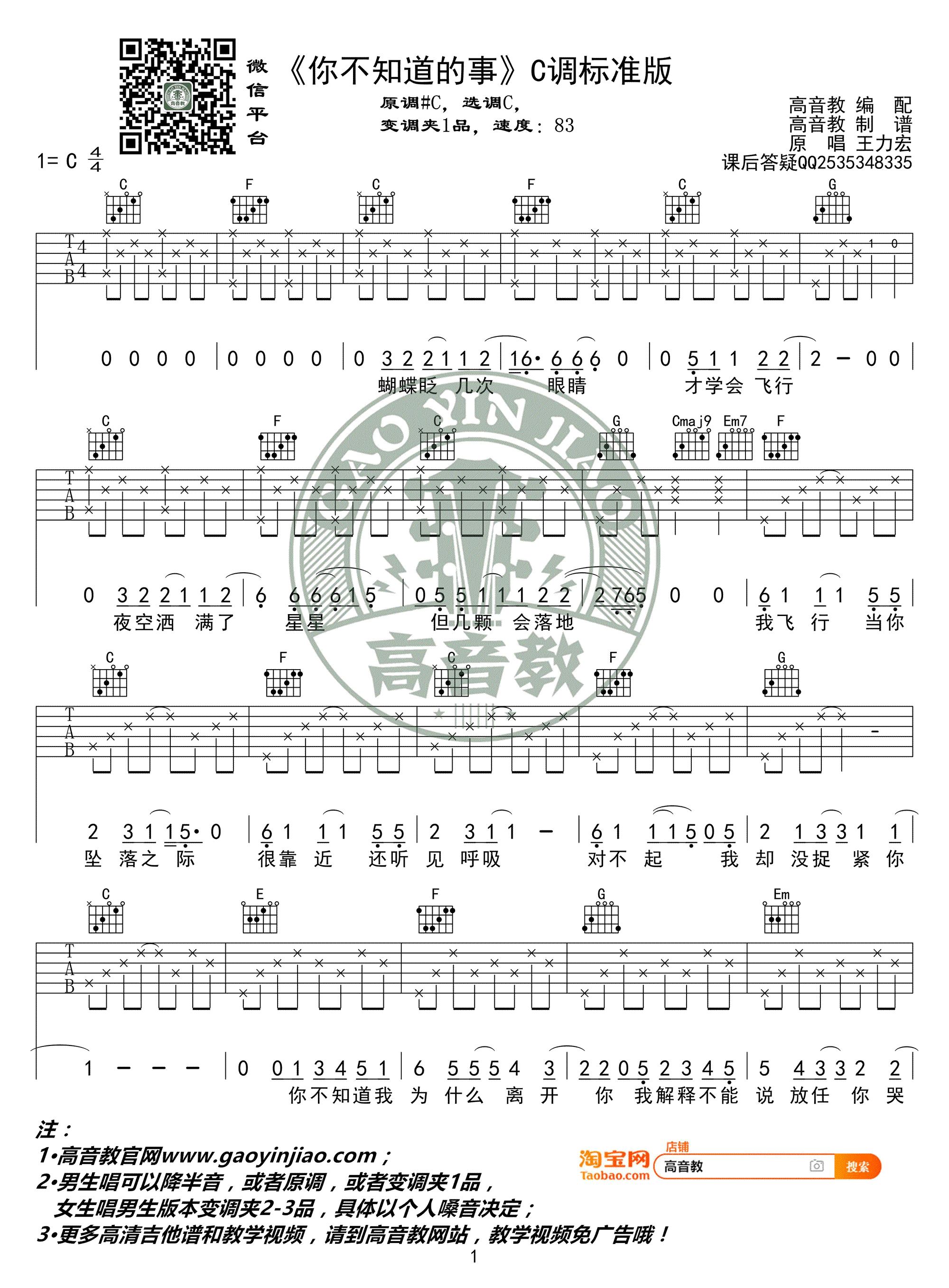 你不知道的事吉他谱,王力宏歌曲,简单指弹教学简谱,高音教六线谱图片