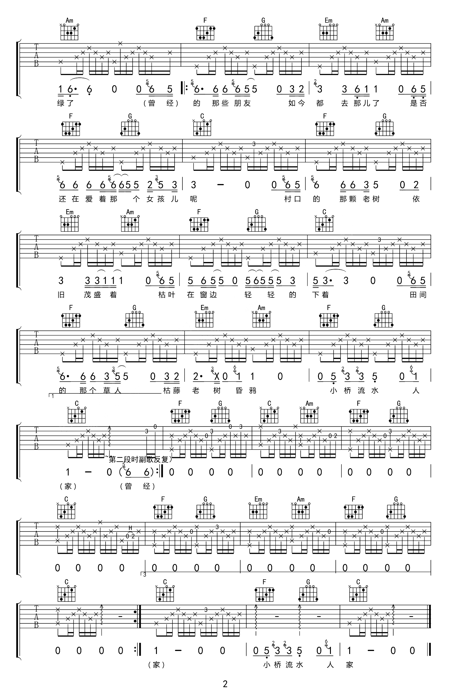 枯藤老树昏鸦吉他谱,符禹迅歌曲,C调简单指弹教学简谱,网络六线谱图片