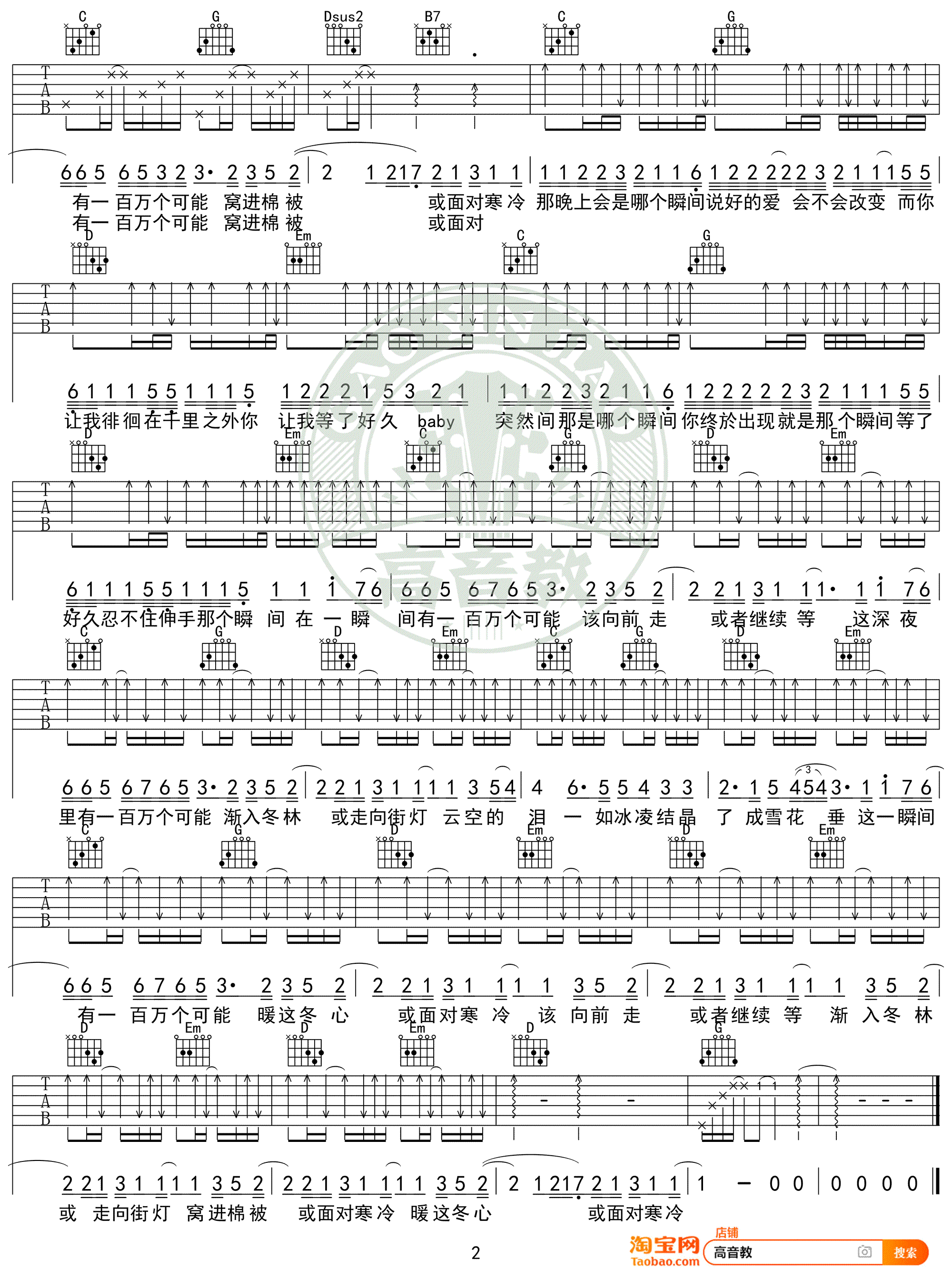 一百万个可能吉他谱,克丽丝叮歌曲,简单指弹教学简谱,高音教六线谱图片